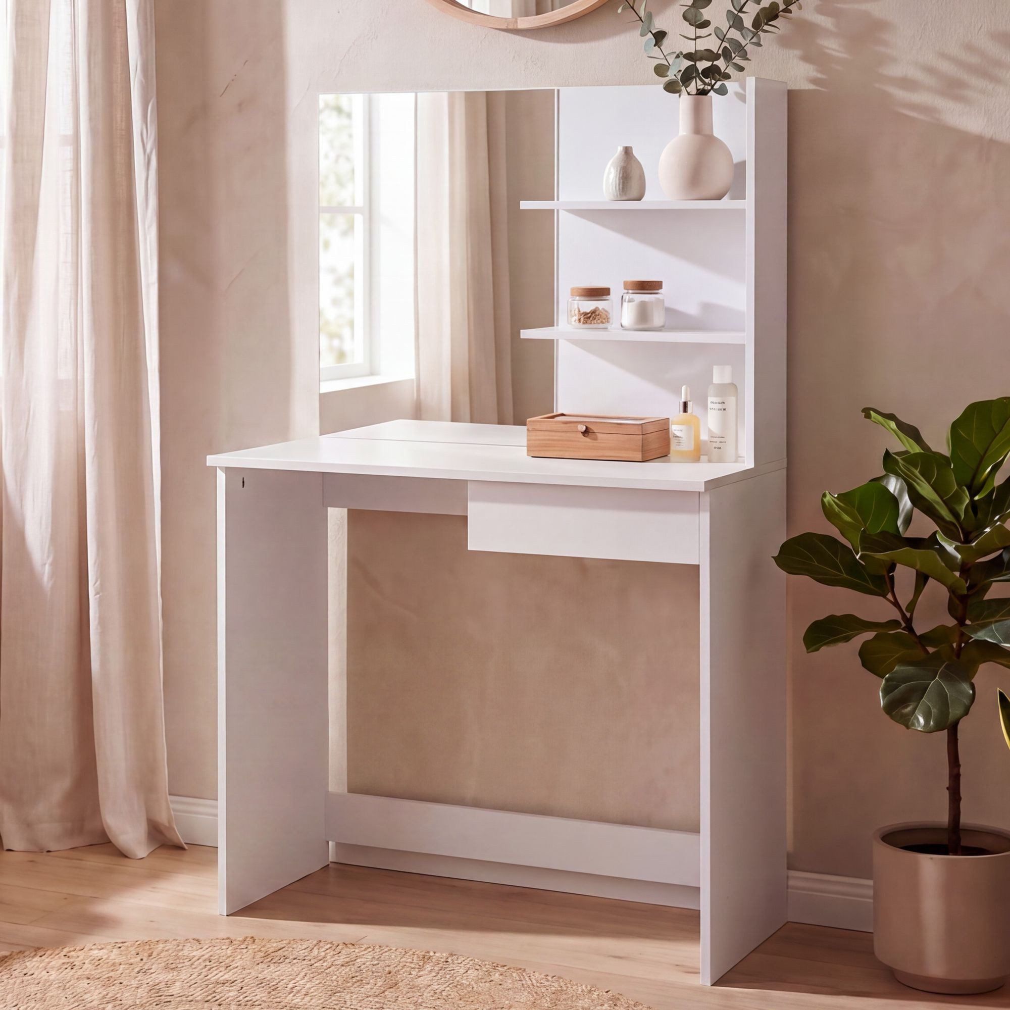 Wohnling Schminktisch WL7.831 Kosmetiktisch 75cm Frisiertisch Weiß Make-Up-Tisch Spiegel (Helle Frisierkommode für das Schlafzimmer), Kratzfeste Oberfläche dank Melaminharzbeschichtung