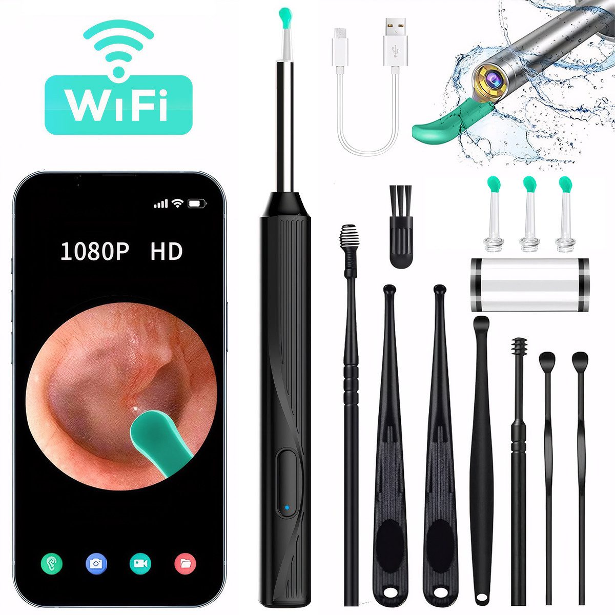 MOPUEA Ohrenreiniger Visuelle Ohrenschmalz Entferner Ohrenschmalz Entferner,8-piece set, 1-tlg., wiederaufladbar & wasserdicht, WIFI link, compatible with iOS, iPadOS, and Android