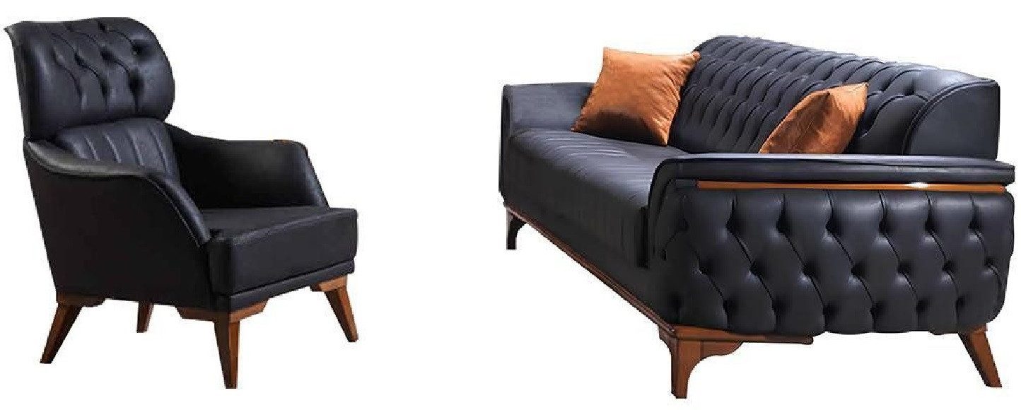 Xlmoebel Polstergarnitur Schwarze Chesterfield Ledergarnitur mit Knopfsteppung, (2tlg. Wohnzimmer-Set (Sofa + Sessel), Hergestellt in Europa