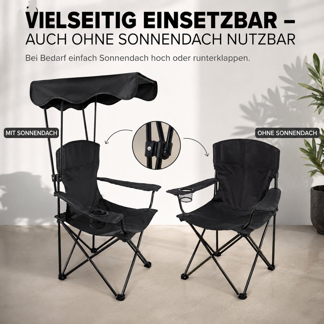 BigDean Faltstuhl Campingstuhl mit Sonnenschutz Schwarz Sonnendach Getränkehalter (Packung, 1 St), Integrierter Sonnenschutz, Faltbar, Tragetasche, Getränkehalter