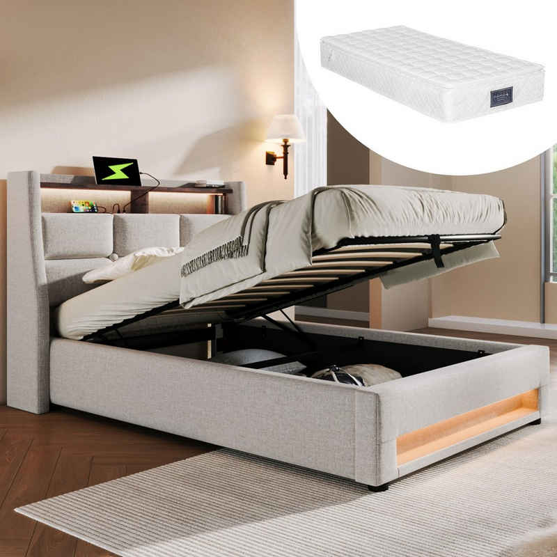 OKWISH Polsterbett Bett (LED Doppelbett Jugendbett mit USB/Typ-C Ladeanschluss), 90 x 200 cm Inklusive Matratze