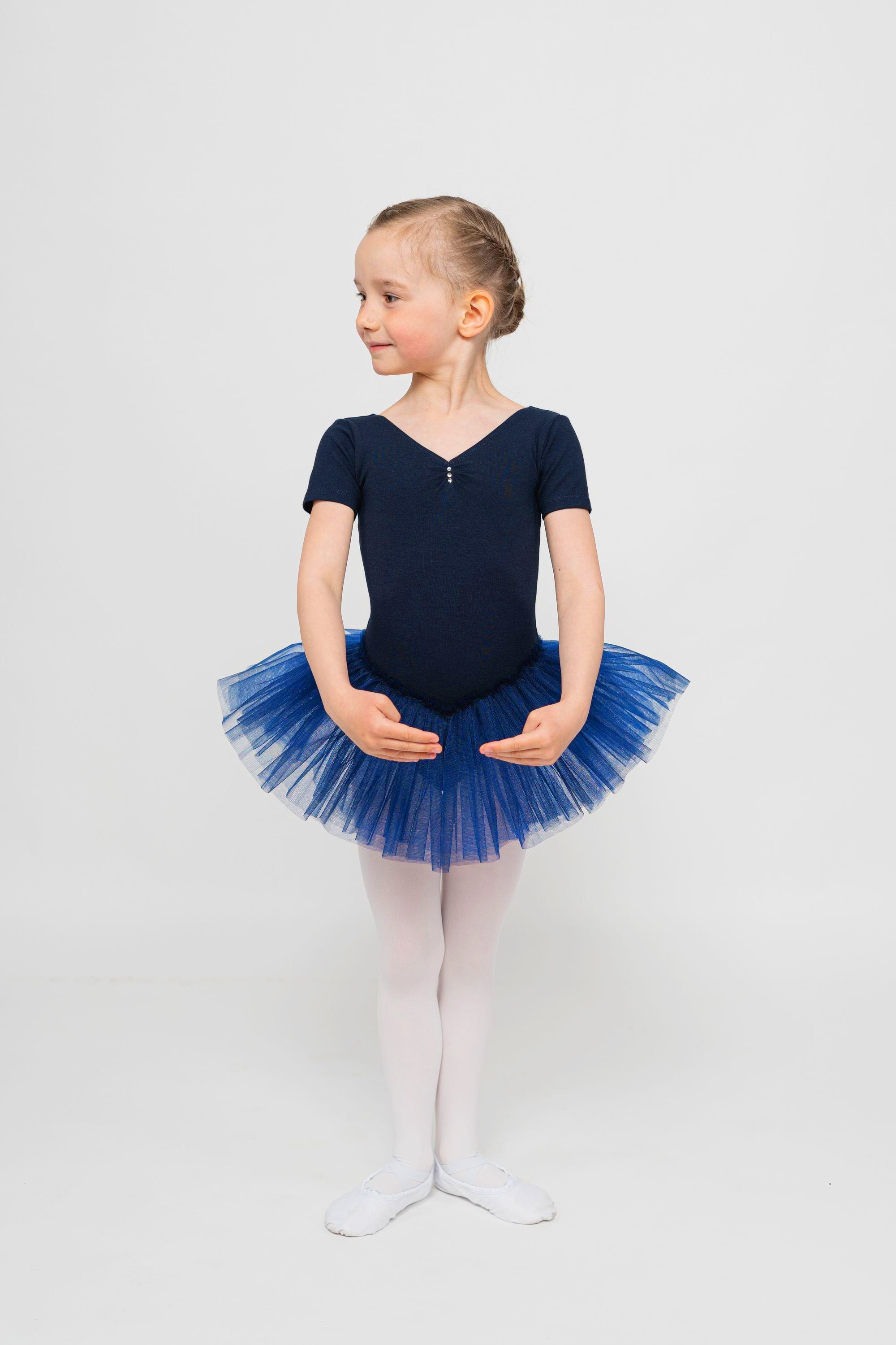 tanzmuster Tüllkleid Ballett Tutu Nele mit Glitzersteinen Kurzarm Ballettkleid aus weicher Baumwolle mit Tüllrock für Mädchen marineblau