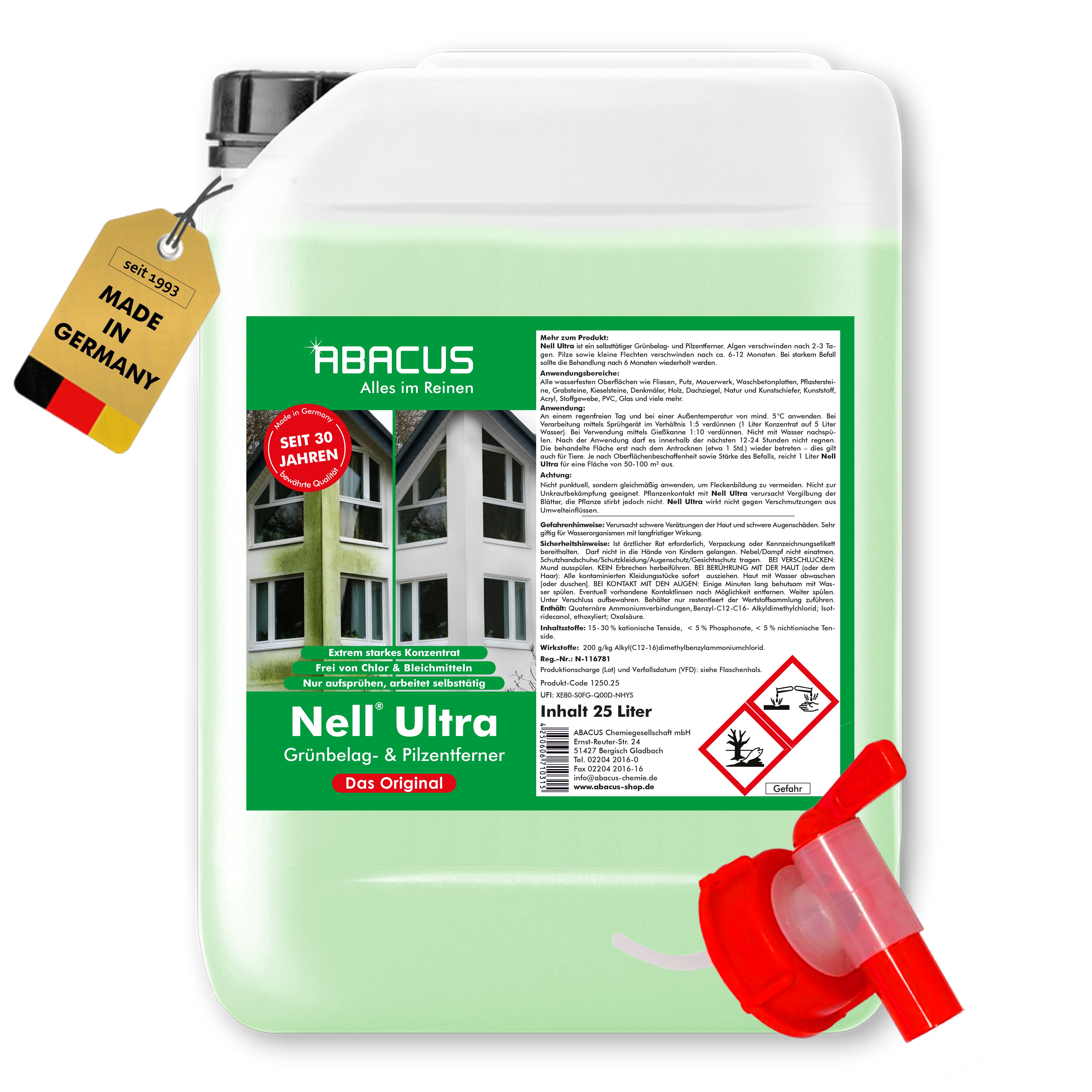 ABACUS Nell Ultra Algenentferner, Grünbelagentferner, Flechtenentferner Grünbelagentferner (Bekannt aus QVC, [- Ergiebiges Konzentrat Selbsttätig mit Langzeitschutz)