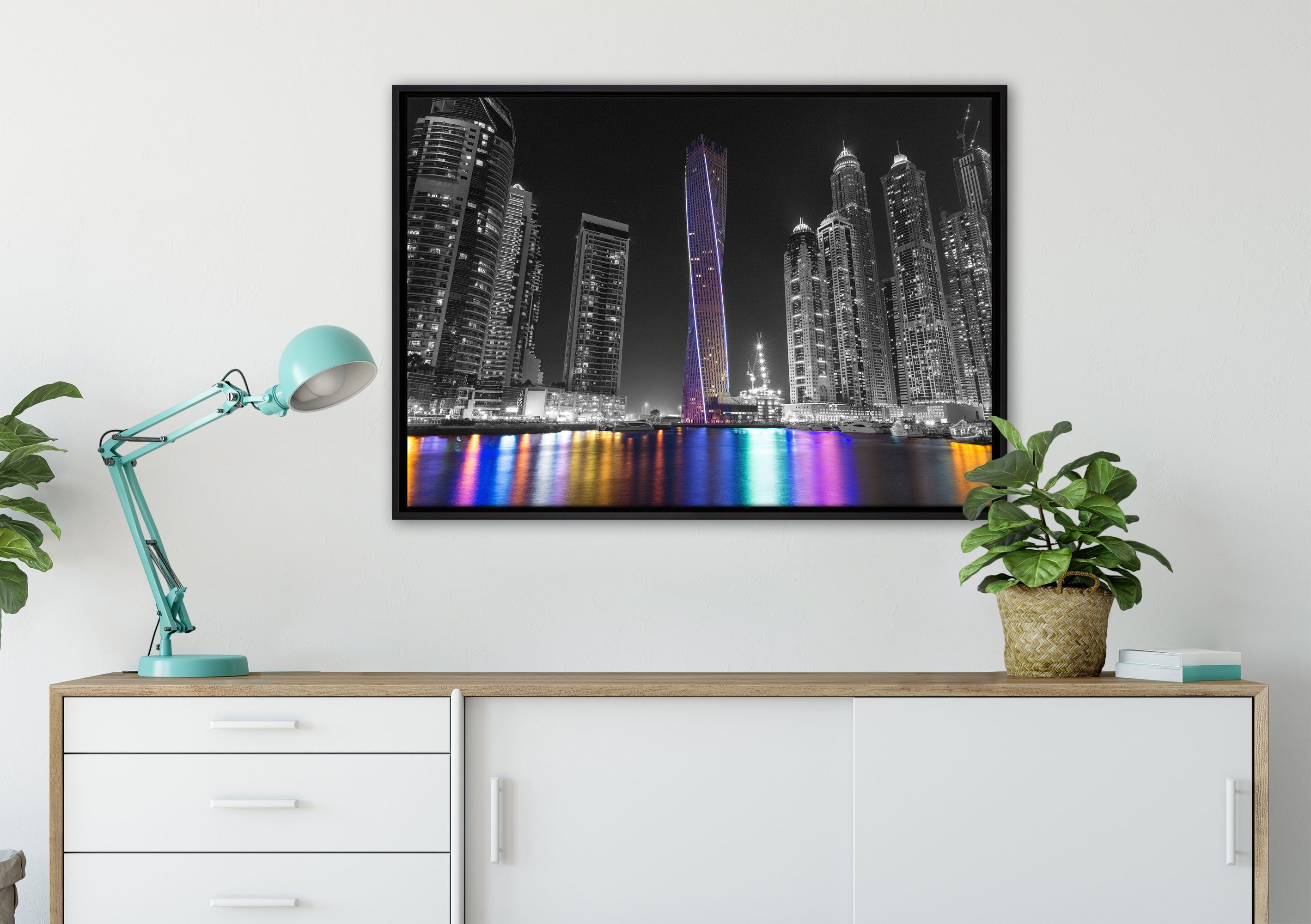 Pixxprint Leinwandbild Leinwandbild (1 Skyline bespannt, einem gefasst, Nacht, Schattenfugen-Bilderrahmen inkl. fertig St), in Zackenaufhänger Dubai von Wanddekoration bei