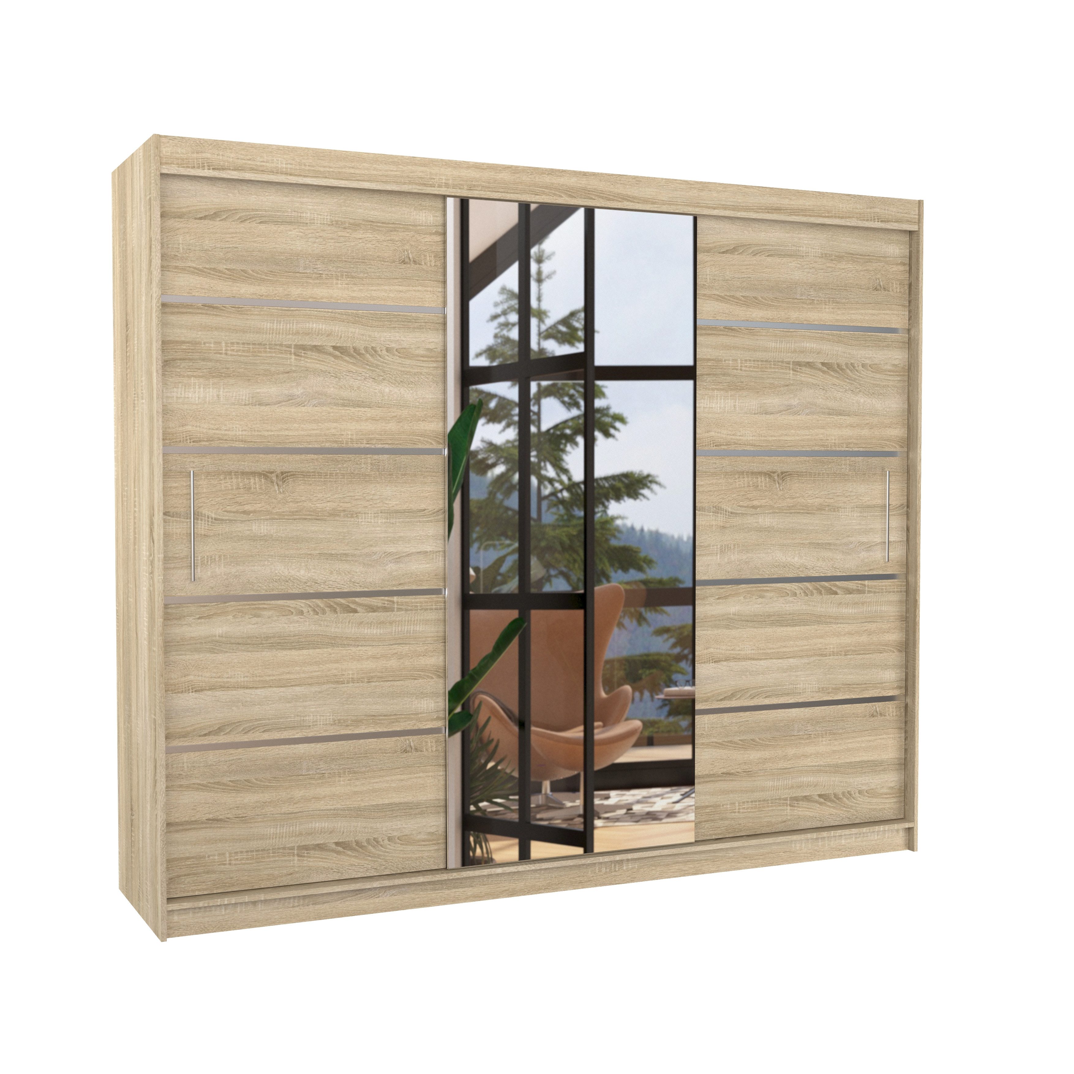 MOEBLO Schiebetürenschrank Dolsa 250 (mit Spiegel – Moderner Kleiderschrank mit viel Stauraum, Schlafzimmer Schrank mit viel Stauraum, Garderobenschrank, Raumwunder) (B×H×T): 250×215×58 cm