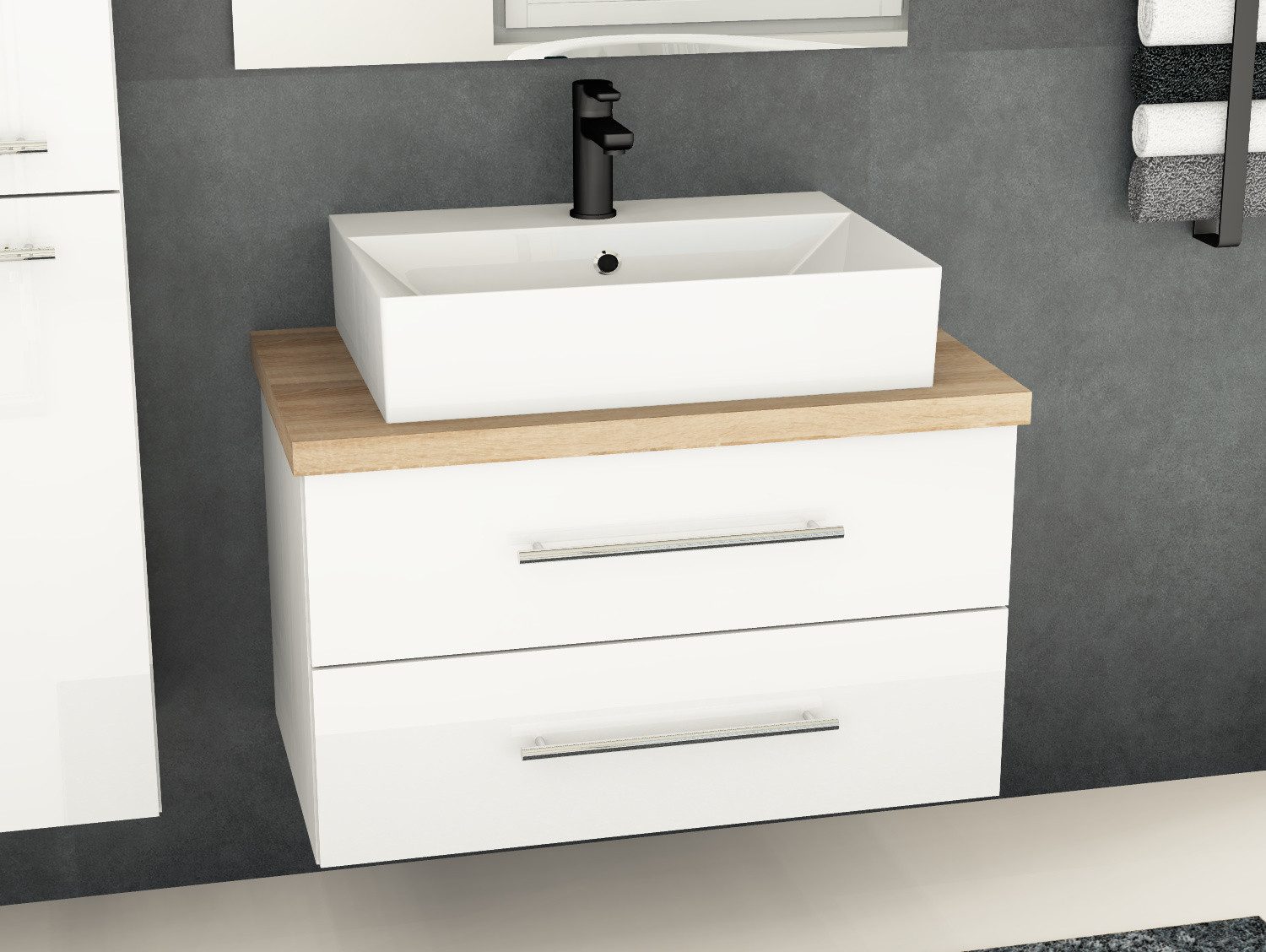 Aqua Bagno Badmöbel-Set Flex Badmöbel 80 cm, Weiß Hochglanz, Keramikbecken, Eiche-Platte, (vormontiert, 3-St., Badmöbelschrank lackiert, Trägerplatte, Keramikwaschbecken), einfache Montage, Skandi