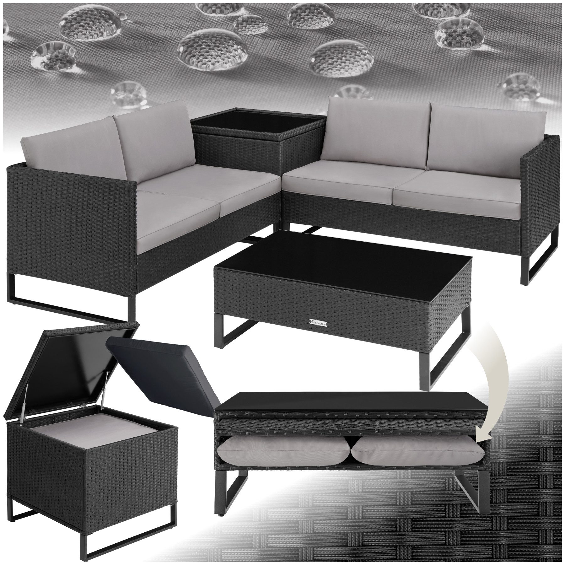 tectake Loungeset Rattan Lounge, (Set., 4-tlg), Stabiles Stahlgestell mit höhenverstellbaren Kunststofffüßen