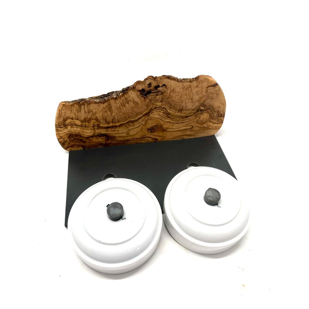 Olivenholz-erleben Futterstation 2-in-1 Wasser & Futter Cats DUO MOUNTAIN Olivenholz, 2x 0,4l Schalen, Porzellan, Einzigartiger „Berg-Effekt“ aus Olivenholz – jedes Stück ein Kunstwerk