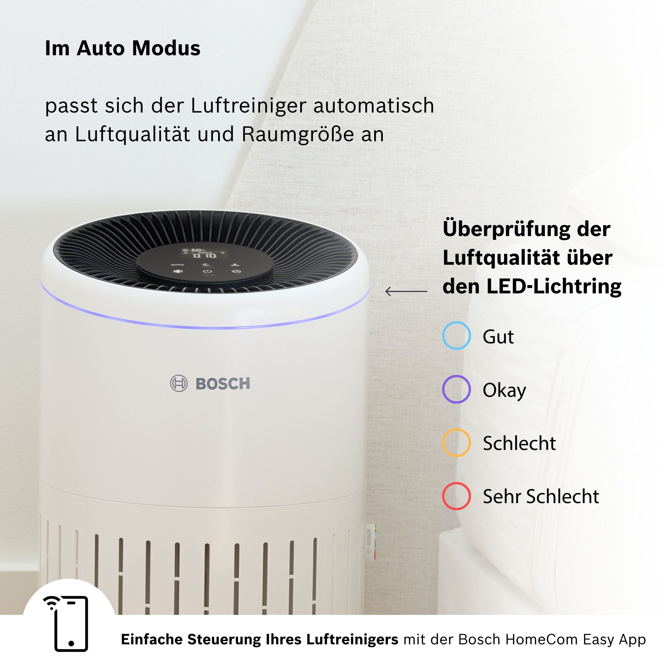 BOSCH Luftreiniger Air 4000i, mit App-Steuerung, für 62 m² Räume, mit 3-in-1 Luftfilter, Smart Sensor, Automatik- und Ruhemodus – Bild 5 von 5