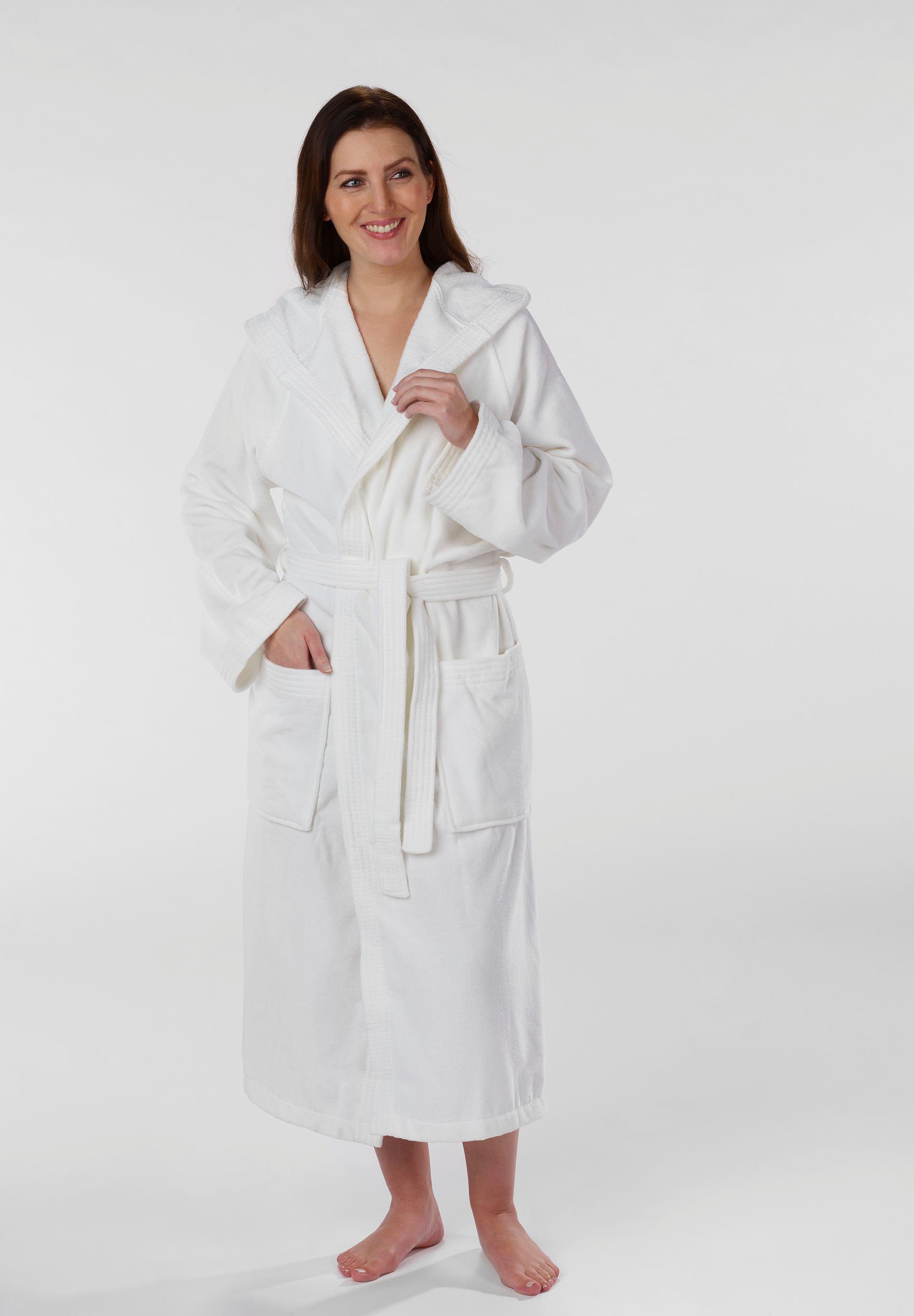 Biberna Unisex-Bademantel Meike, Langform, Frotteevelours, Kapuze, Gürtel, Velours Bademantel für Damen & Herren, mit Kapuze, feine Samt-Optik