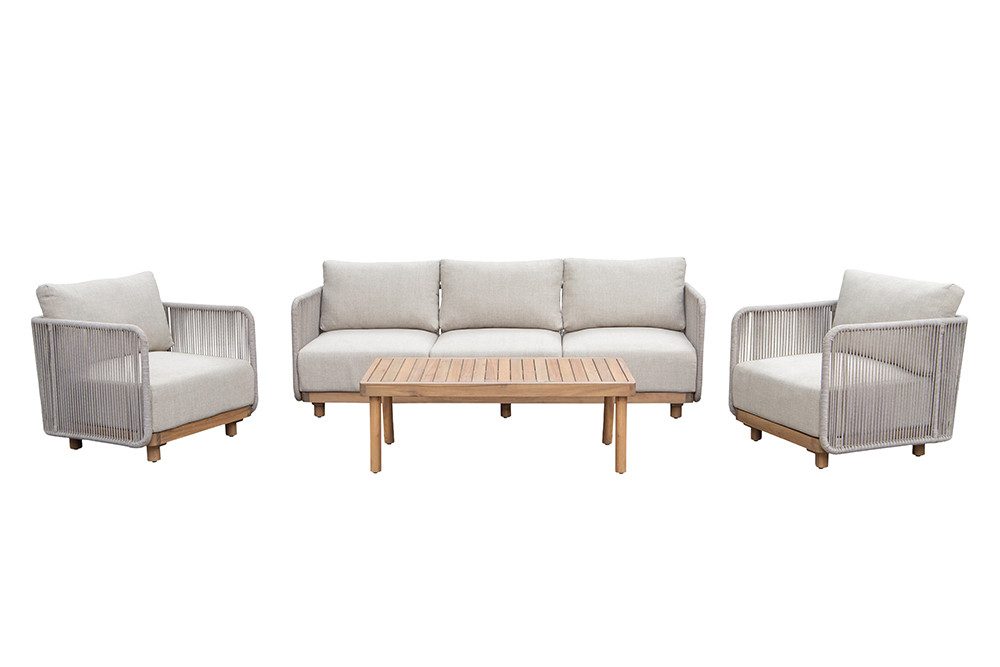 riess-ambiente Gartenlounge-Set ROPE 220cm hellgrau/natur - Akazie, wetterfest, inkl. Tisch & Kissen, (Set, 4-tlg), Gartenmöbelset - ideal f. gesellige Sommerabende m. Familie & Freunden