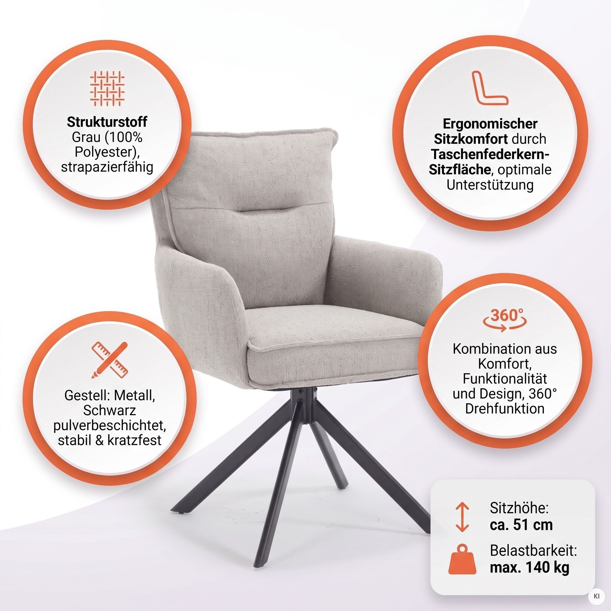 SalesFever Esszimmerstuhl Austin - Armlehnstuhl mit hochwertiger Taschenfederkern-Polsterung (1 St), Esszimmersessel: 360° Drehfunktion mit stilvollem Metallfuß – Bild 5 von 5