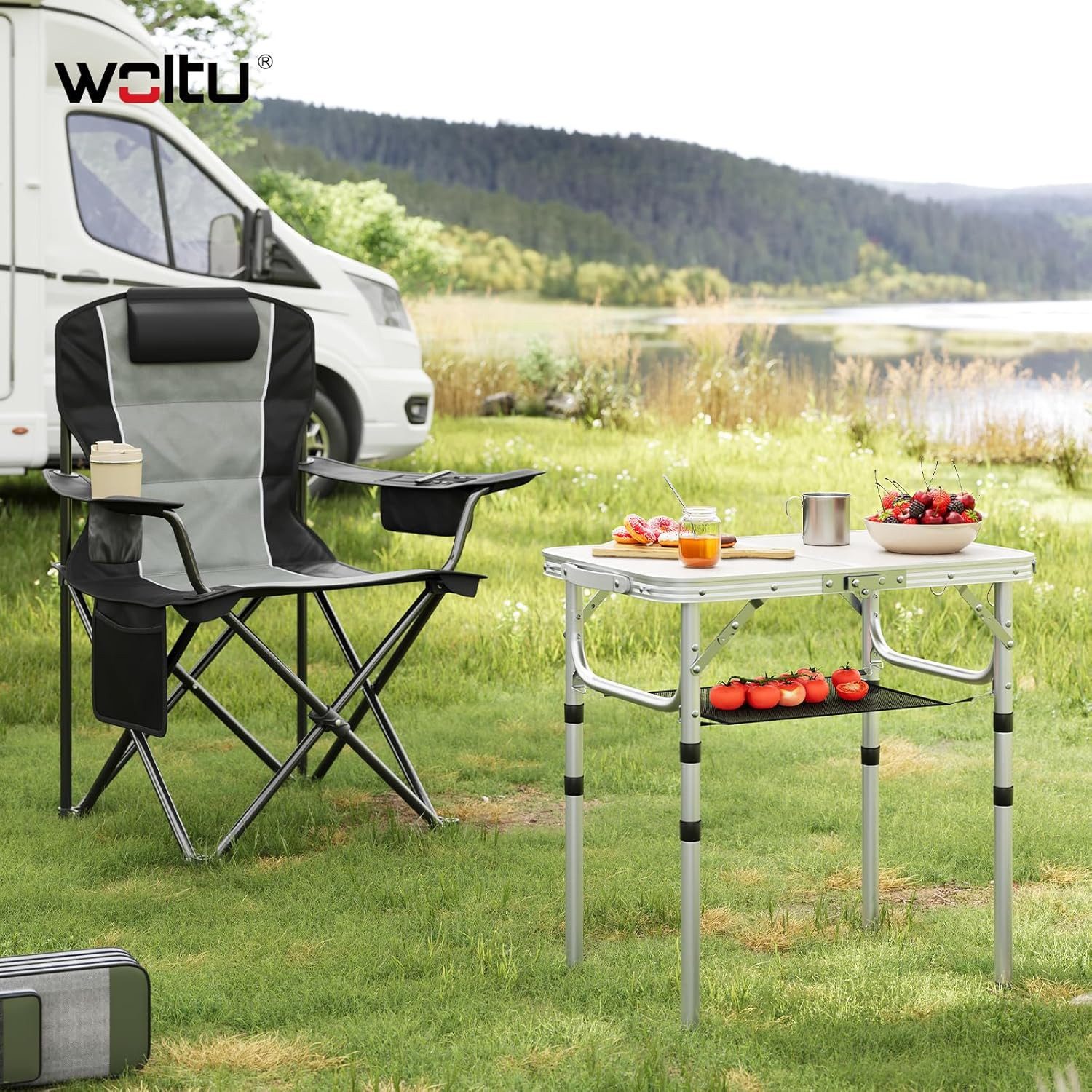 Woltu Klapptisch, höhenverstellbar 25/36/50/60 cm, Campingtisch 60x40cm Tischplatte