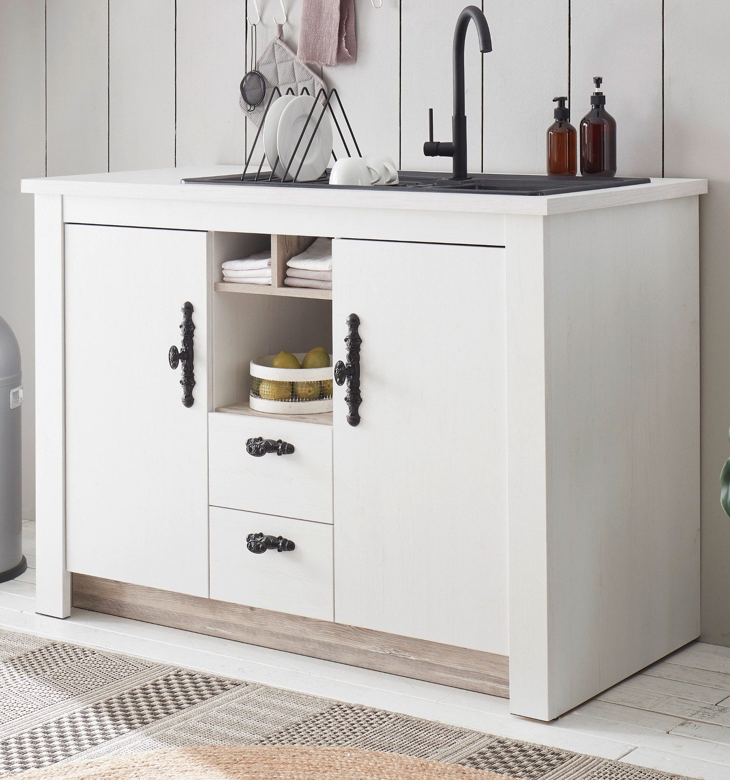 Furn.Design Spülenunterschrank Rovola (Küchenschrank in Pinie weiß Landhaus, 129 x 92 cm) für Spüle oder Ceranfeld, Soft-Close