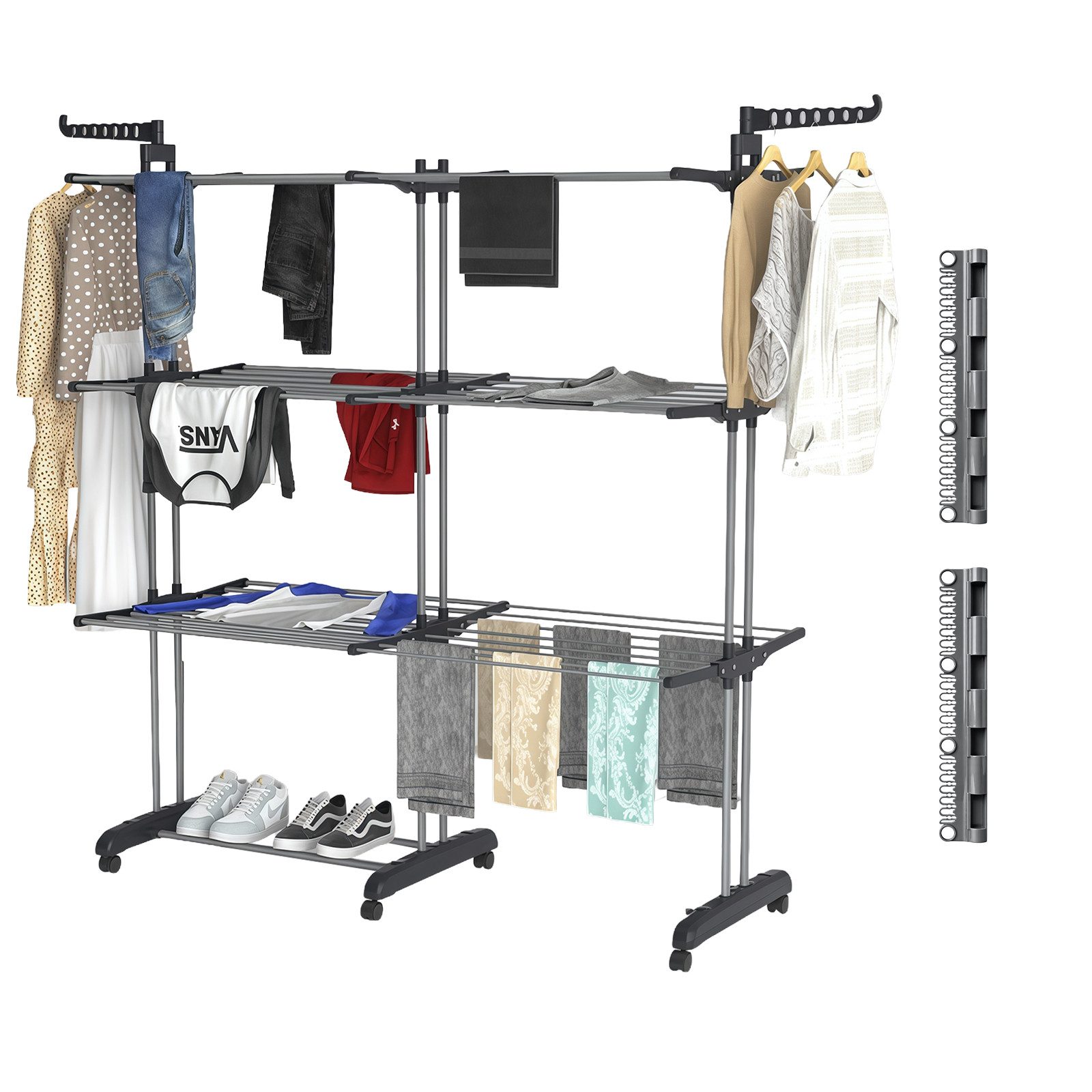 PFCTART Wäscheständer Wäscheständer 176 cm – Ausziehbar mit 2 Sockenclips, 2 Ebenen, 4 Rollen, zusammenklappbar & hohe Tragkraft