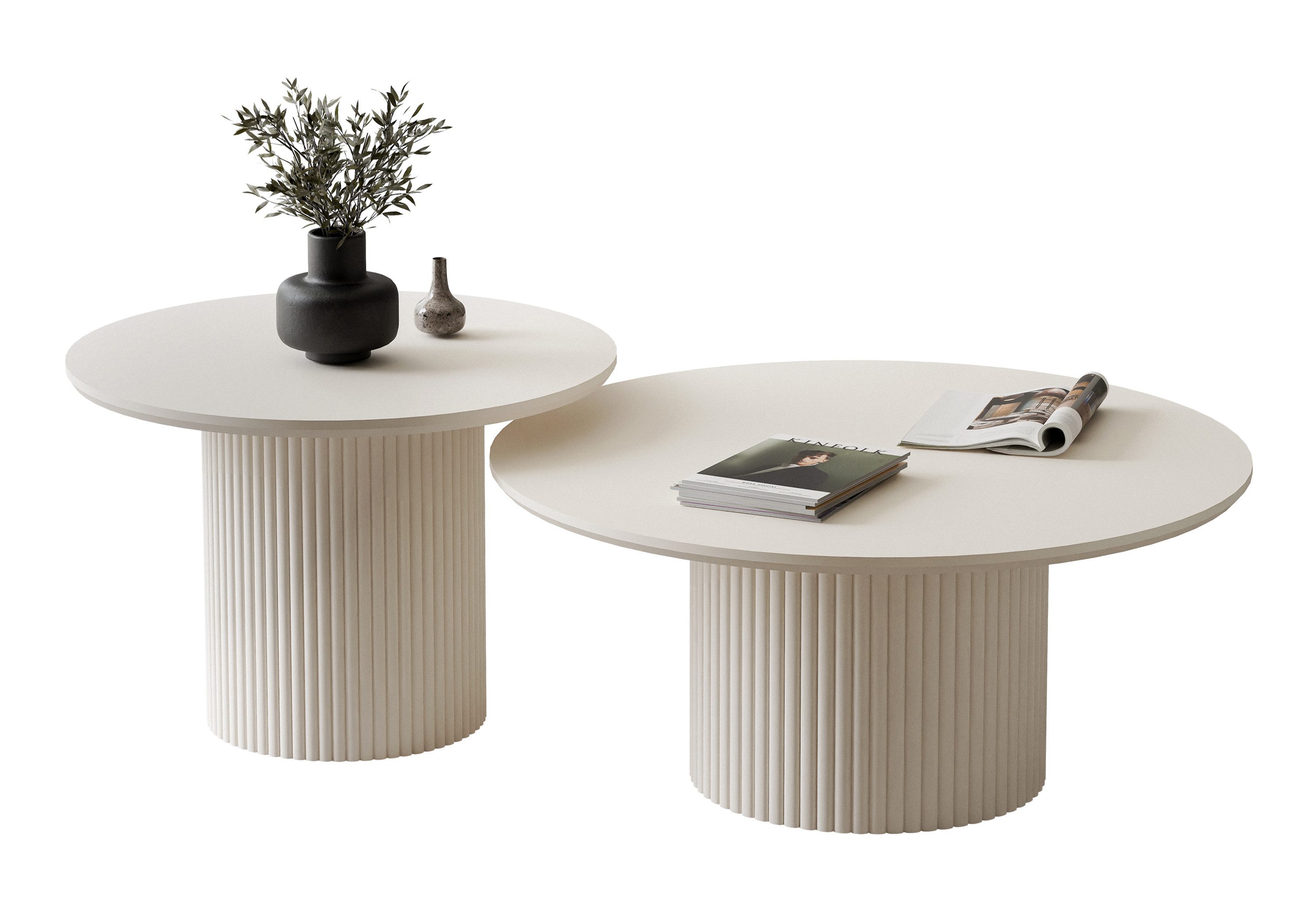 Lookway Couchtisch OVI-Tischset mit geriffelter Basis (2er Set), Durchmesser: ⌀80 cm und ⌀60 cm, Höhe: 36/42 cm