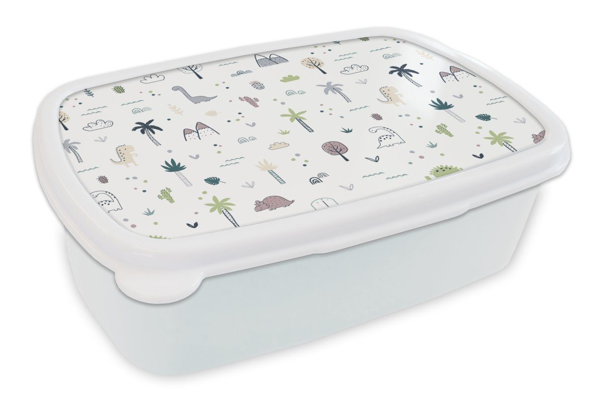 MuchoWow Lunchbox Dinosaurier - Bäume - Muster, Kunststoff, (2-tlg), Brotbox für Kinder und Erwachsene, Brotdose, für Jungs und Mädchen weiß