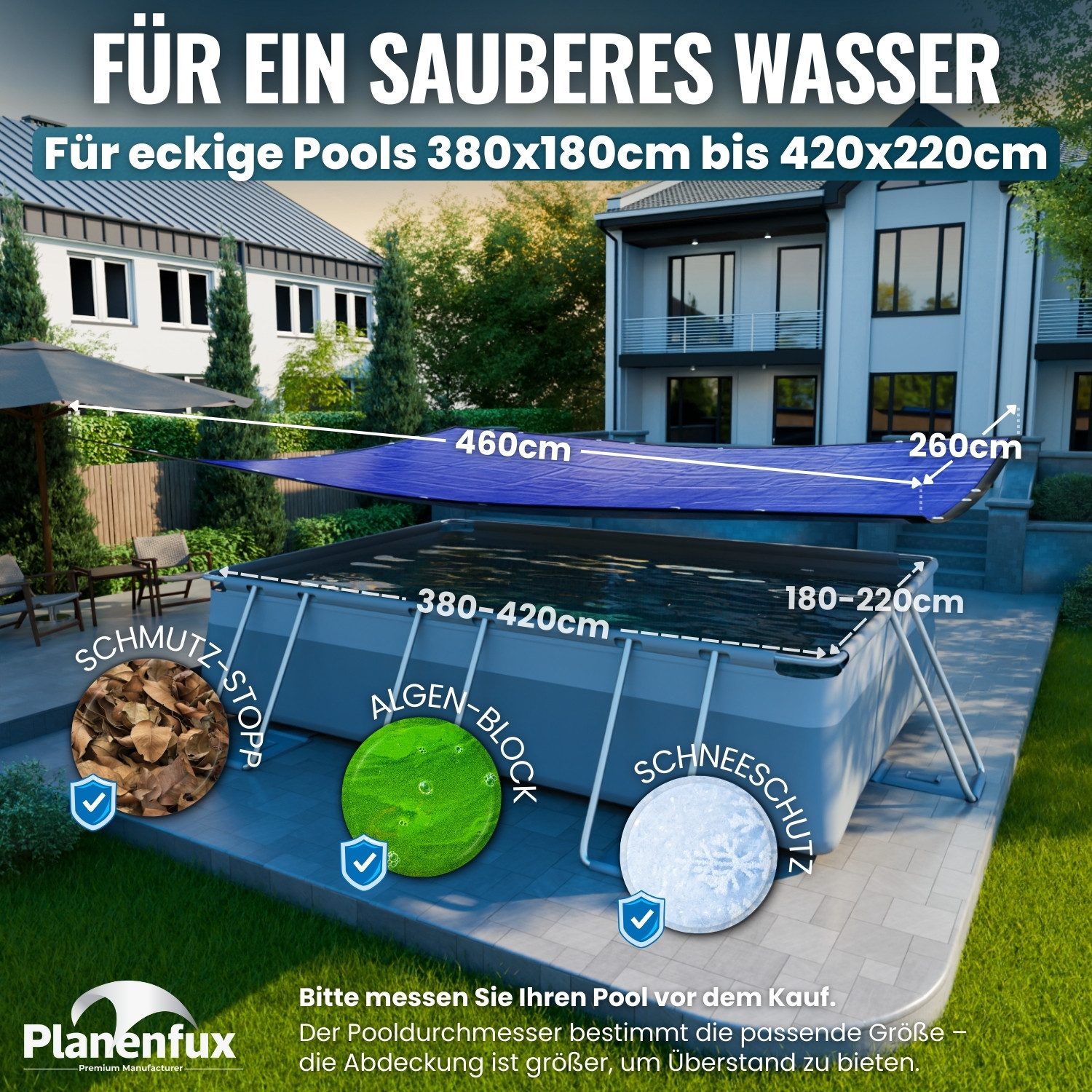 Planenfux® Pool-Abdeckplane Poolplanen rechteckig PE Material - Blau (PARENT), 380-480 x 180-220 cm Pool Abdeckung aus starkem 200g/m² PE Material