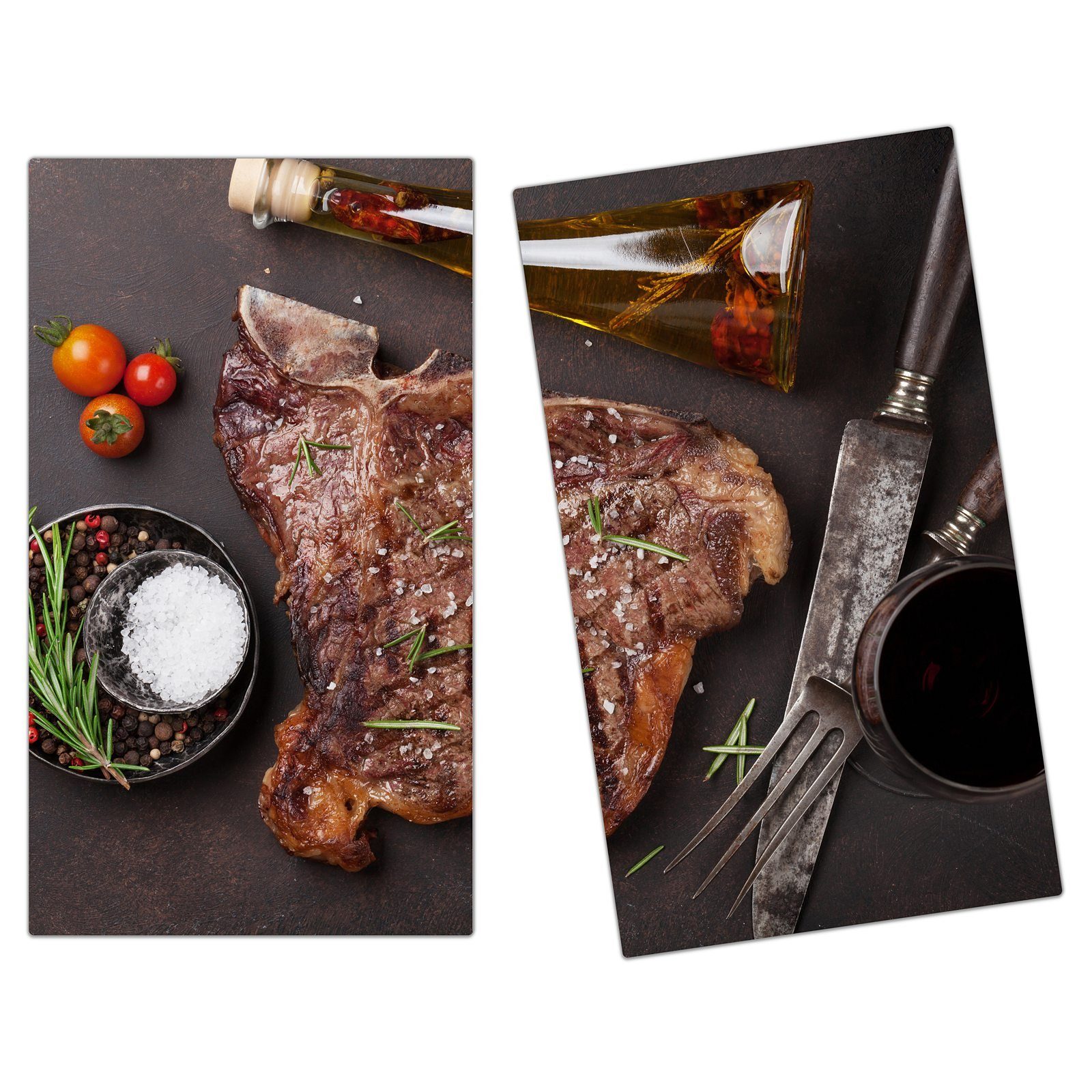 Primedeco Herd-Abdeckplatte Herdabdeckplatte Spritzschutz aus Glas T-Bone Steak mit Rosmarin, Glas, (2 tlg)