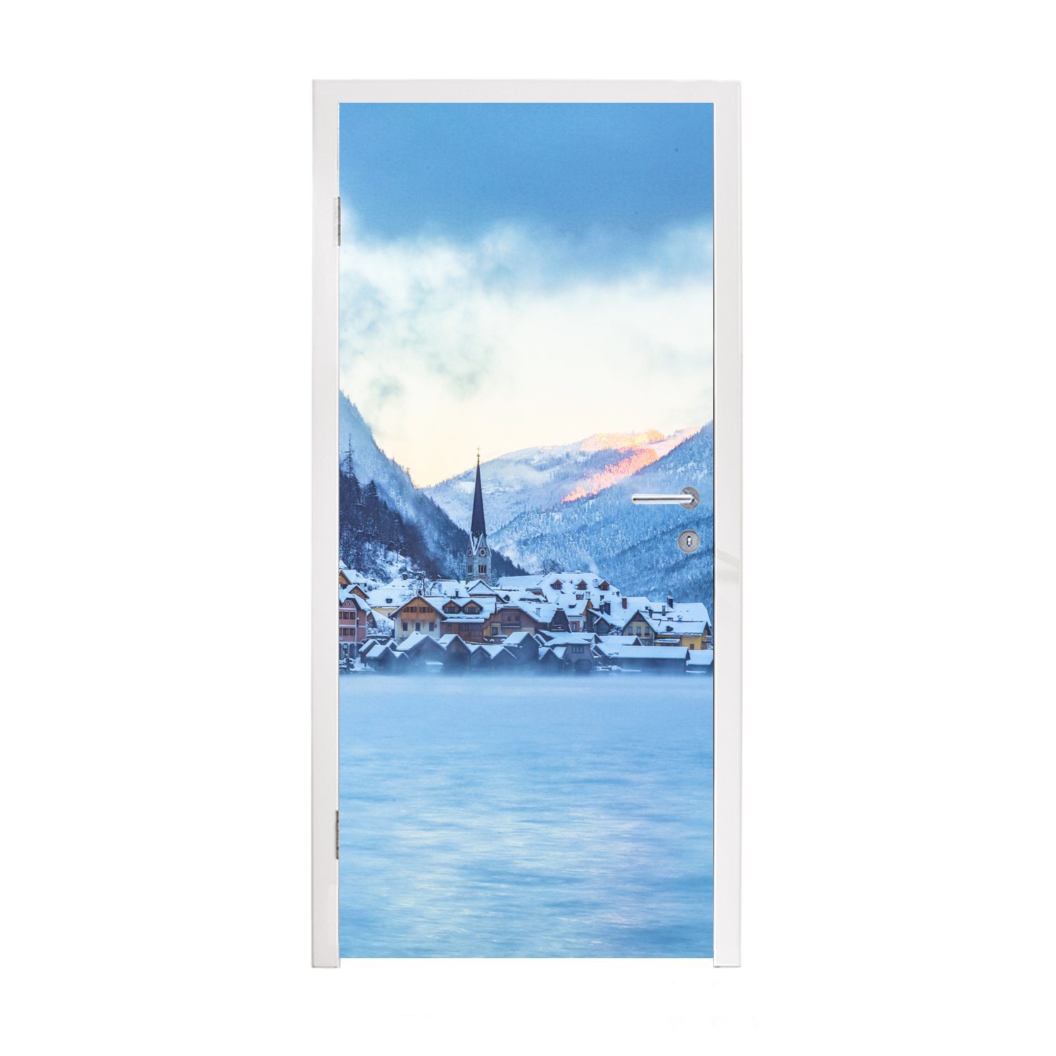 MuchoWow Türtapete Alpen - Dorf bedruckt, Tür, für Fototapete Schnee, Türaufkleber, 75x205 Matt, St), cm (1 