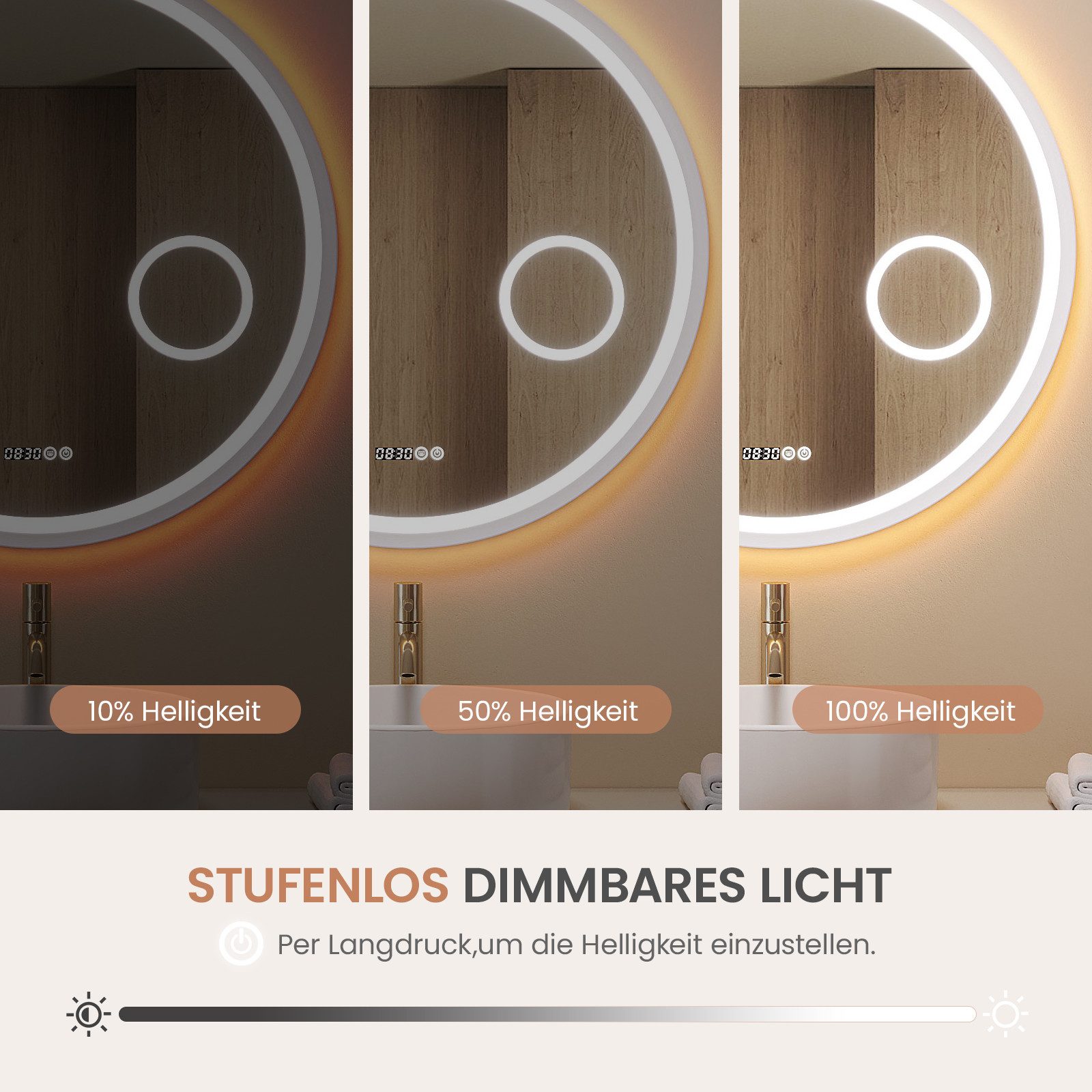 AQUABATOS Badspiegel Rund mit LED Beleuchtung 80 cm Wandspiegel dimmbar Badezimmerspiegel, 3-fach-Vergrößerung Kosmetikspiegel, Touch, Anti-Beschlag, Uhr, IP44 – Bild 5 von 5
