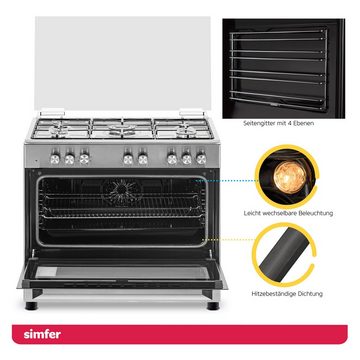 Simfer Gas-Standherd SMF-FS 9031, 90 cm, Gaskochfeld mit Elektro-Backofen, Wok-Brenner, 95 L, mit Teleskopauszug nachrüstbar, Heißluft & Umluft, Seitengitter, Mechanischer Timer, Glasabdeckung