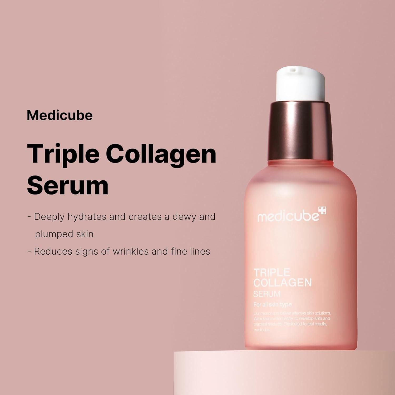 Medicube Gesichtsserum Triple Collagen Serum 4.0 – Anti-Aging Feuchtigkeitsserum mit Dreifach Kollagen-Komplex, Niacinamide & Hyaluronsäure für glatte, straffe Haut – für reife, trockene & empfindliche Haut – 55 ml