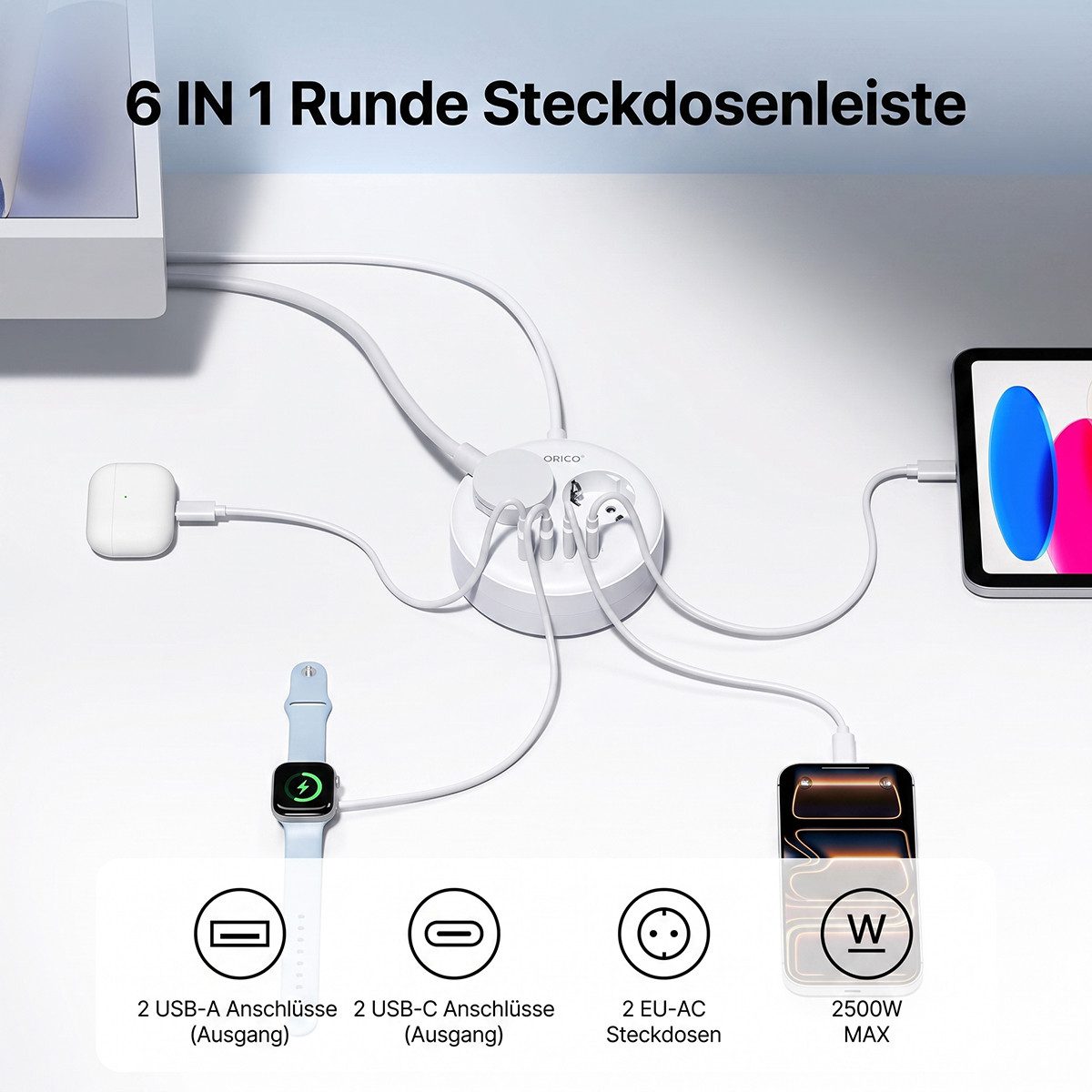 ORICO Steckdose Runde Steckdosenleiste mit USB-C PD 20W, 2 Steckdosen & 4 USB (2× USB-C), 1-St., 1,5 m Kabel, Wandmontage & Sicherheitsverschluss, 2500W für Büro & Zuhause