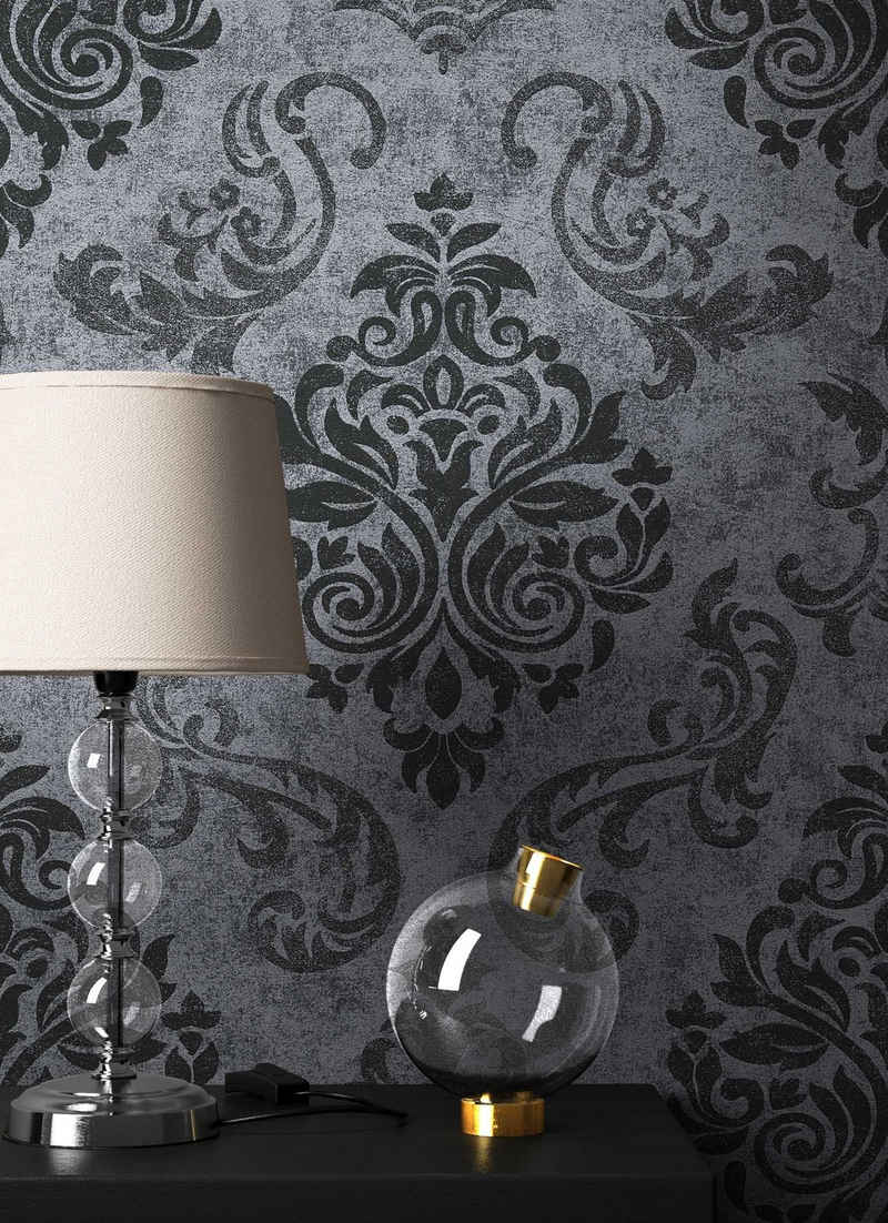 Newroom Vliestapete, Schwarz Barocktapete Barock Ornament - Grau Anthrazit Glamour für Büro Diele/Flur Schlafen