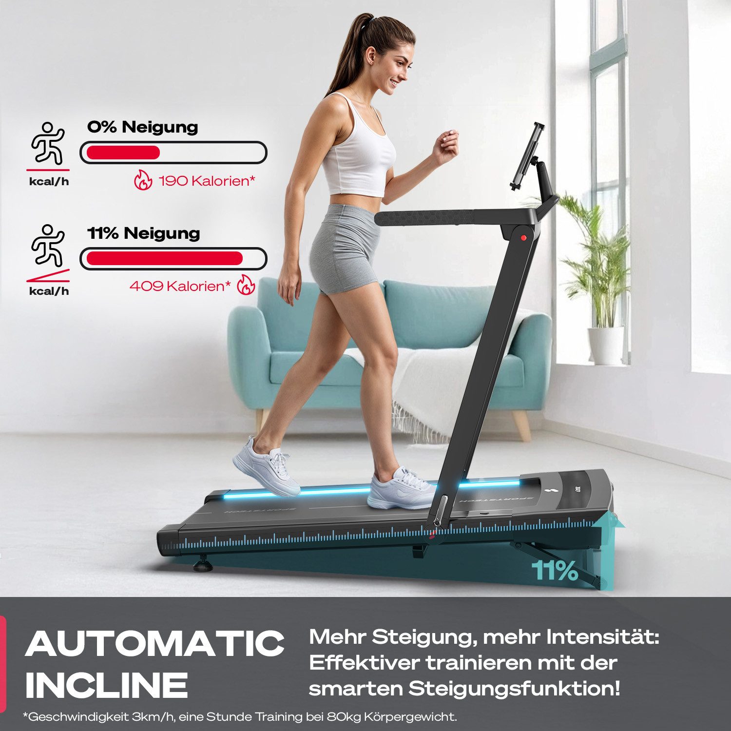 Sportstech Laufband sTread Fold Pro, Laufband & Walking Pad, 11 % Steigung, klappbar, 15 km/h