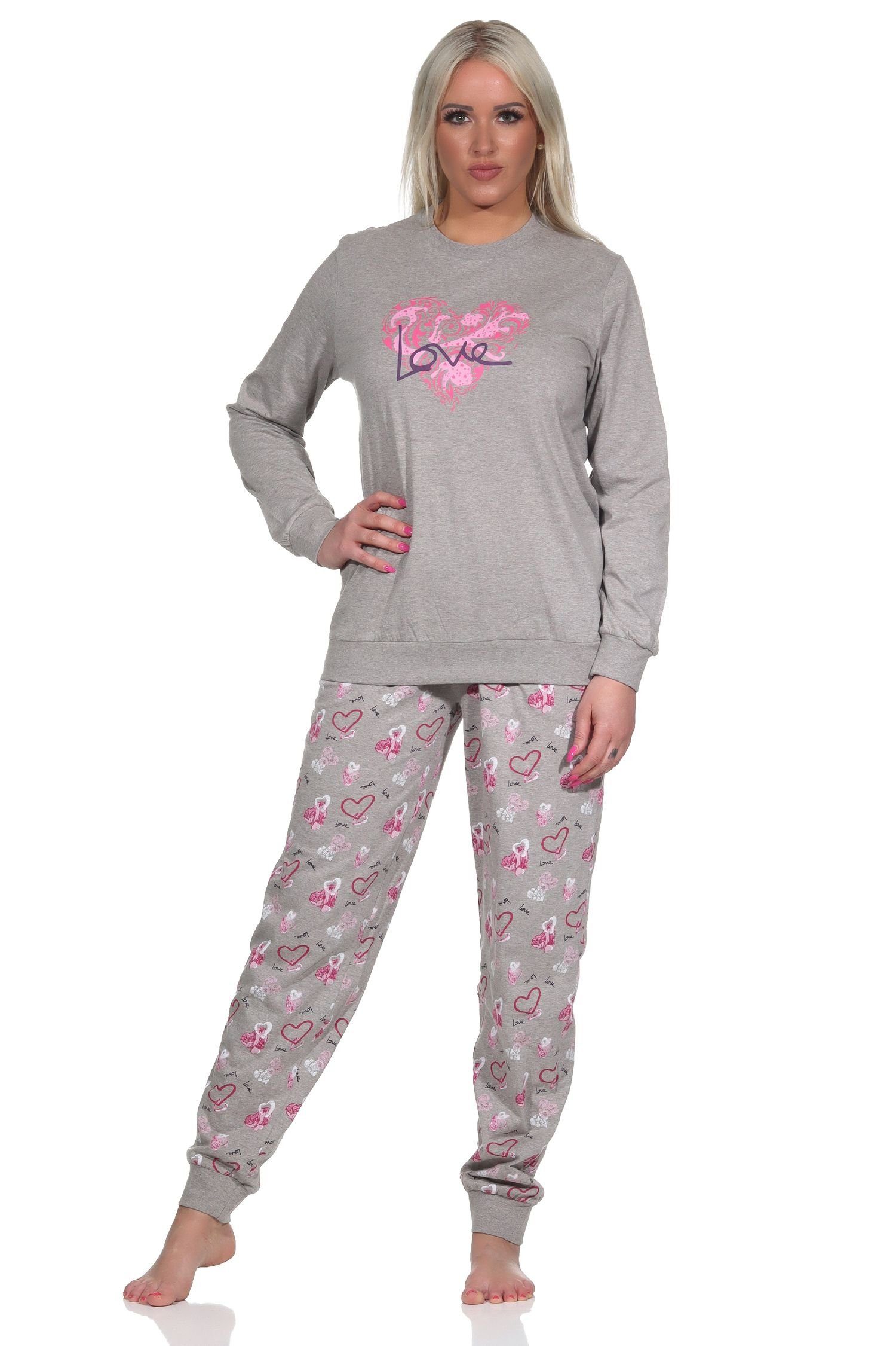 Normann Pyjama Damen Schlafanzug mit Bündchen in Herz Motiv Optik-auch in Übergrößen grau-melange