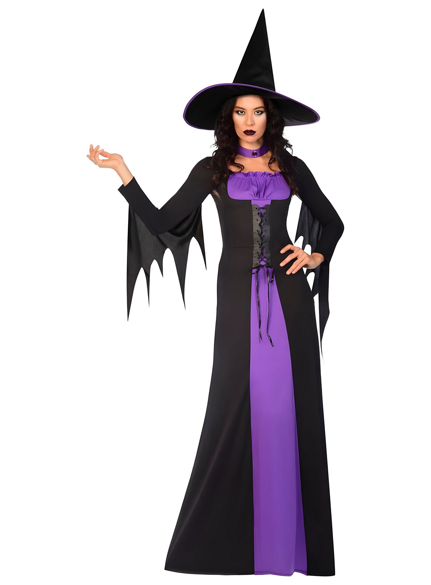 Metamorph Hexen-Kostüm Hexe Violet Damenkostüm Classic, Zauberhaftes lila-schwarzes Hexenkleid mit passendem Spitzhut für Dam