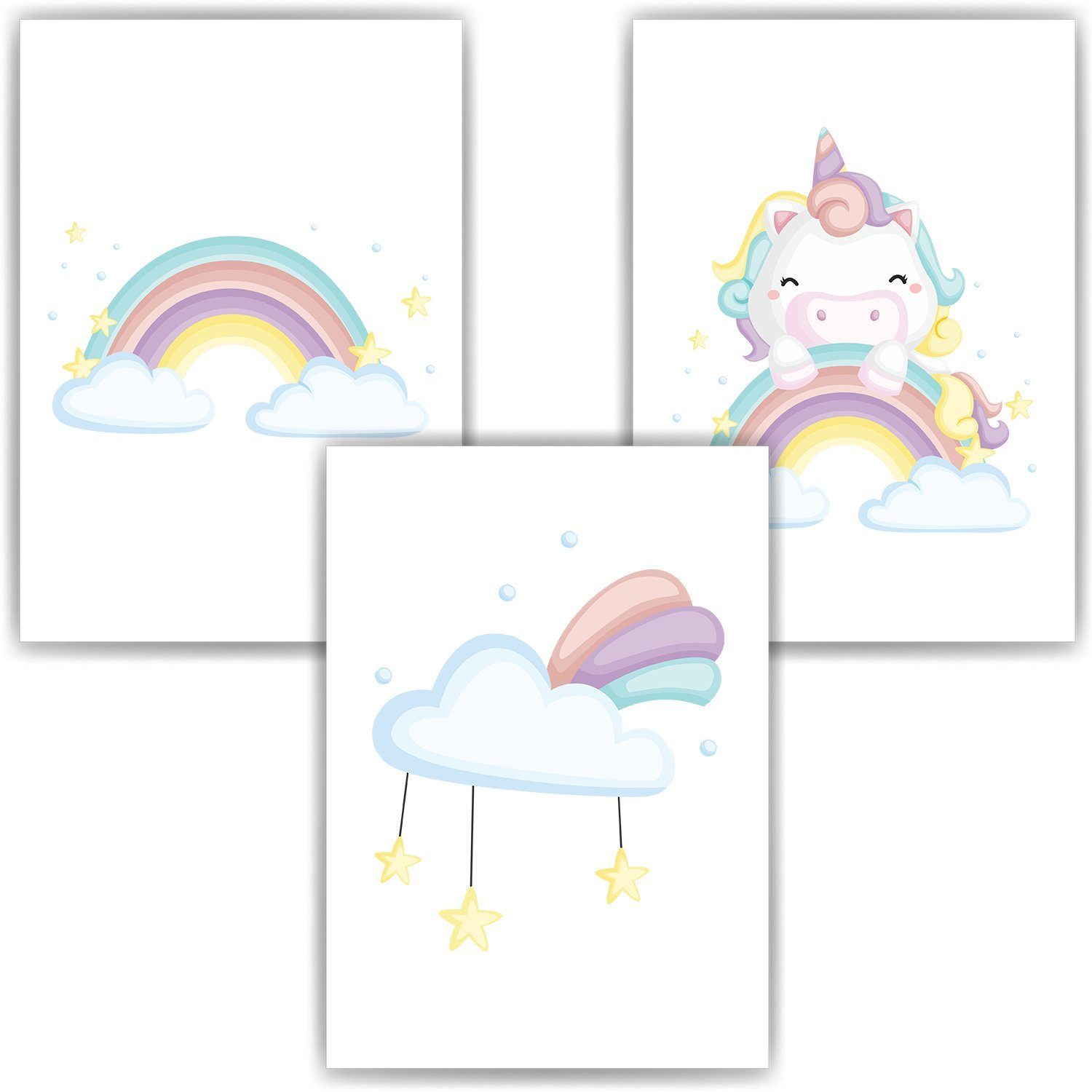 Tigerlino Poster Einhorn Regenbogen Wolke 3er Set Kinderzimmer Wandbilder Dekoration