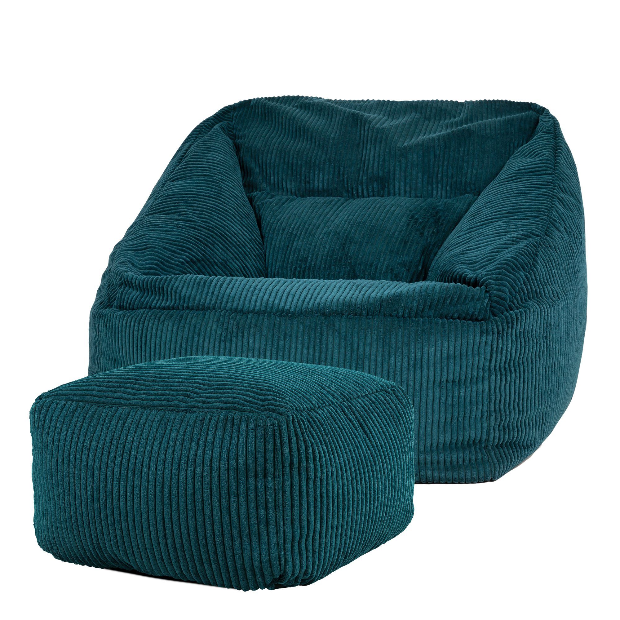 icon Sitzsack Riesen Sitzsack Sessel aus Cord „Morgan“ mit Sitzpouf blaugrün