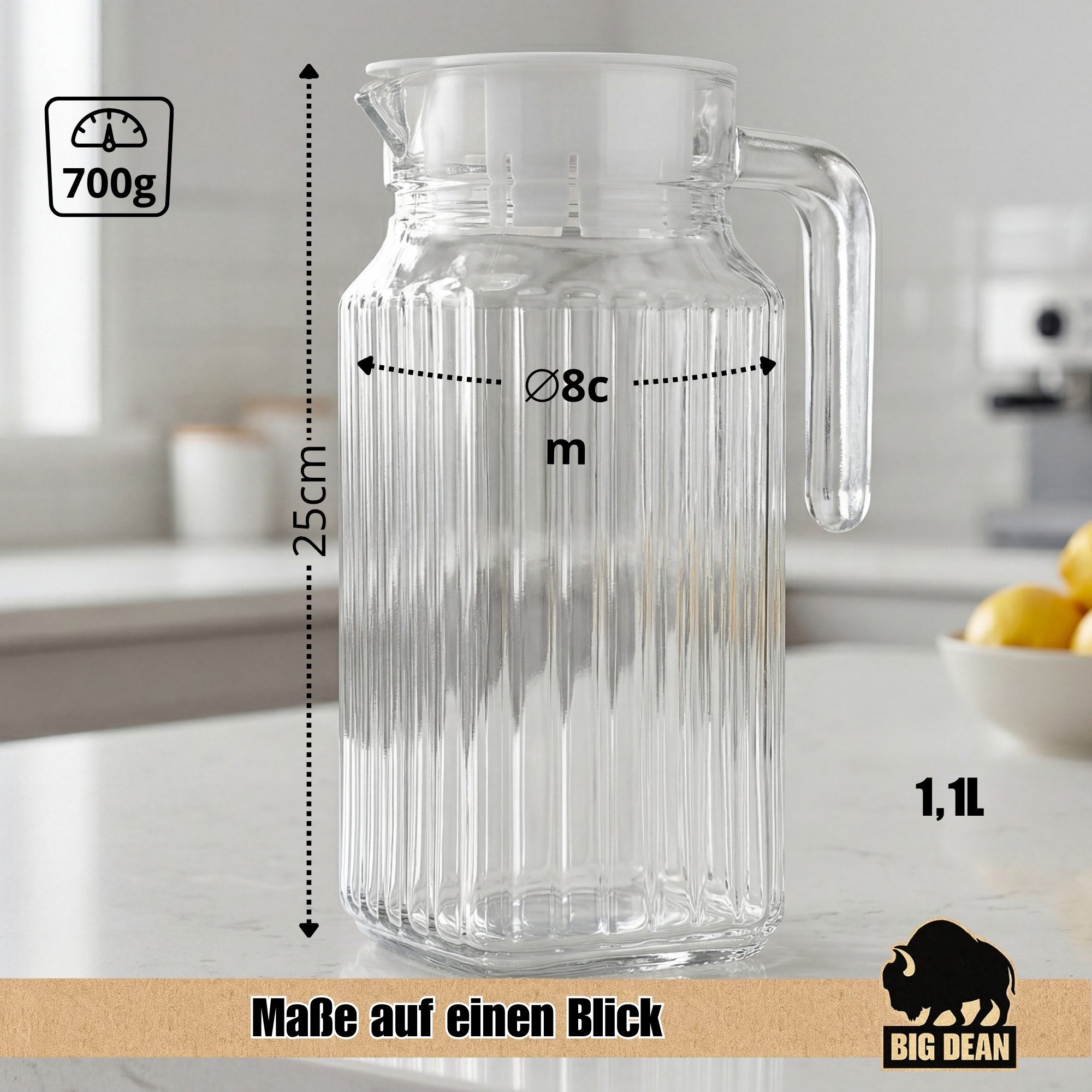 BigDean Wasserkrug Kühlschrankkrug 1,1 Liter Glaskrug mit Deckel, (Packung, 2-tlg., Wasserkaraffe), Feststizender Deckel, Schlanke Form, Robustes Borosilikatglas