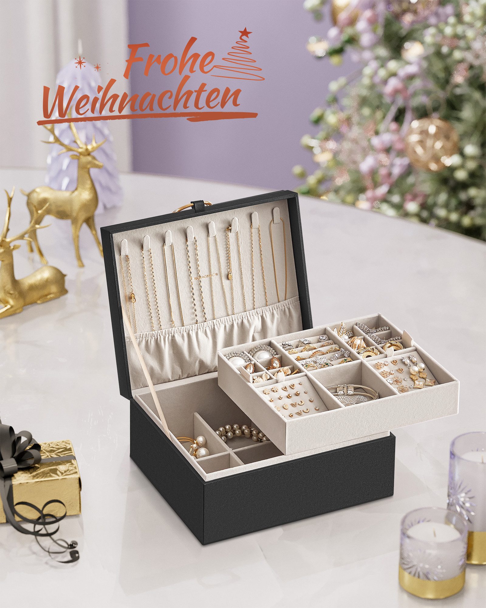 SONGMICS Schmuckkasten Schmuckbox Schmuckaufbewahrung, 2 Ebenen, mit Griff, günstig online kaufen