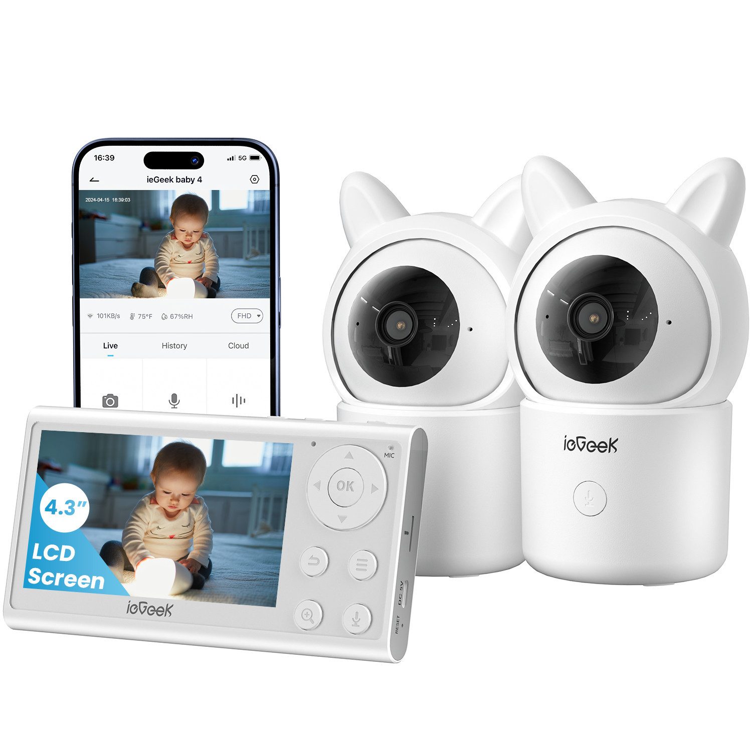 Video-Babyphone Babyphone mit 2 Kamera [1080P, 4.3 Zoll] WLAN Video Babyfon PTZ 355°