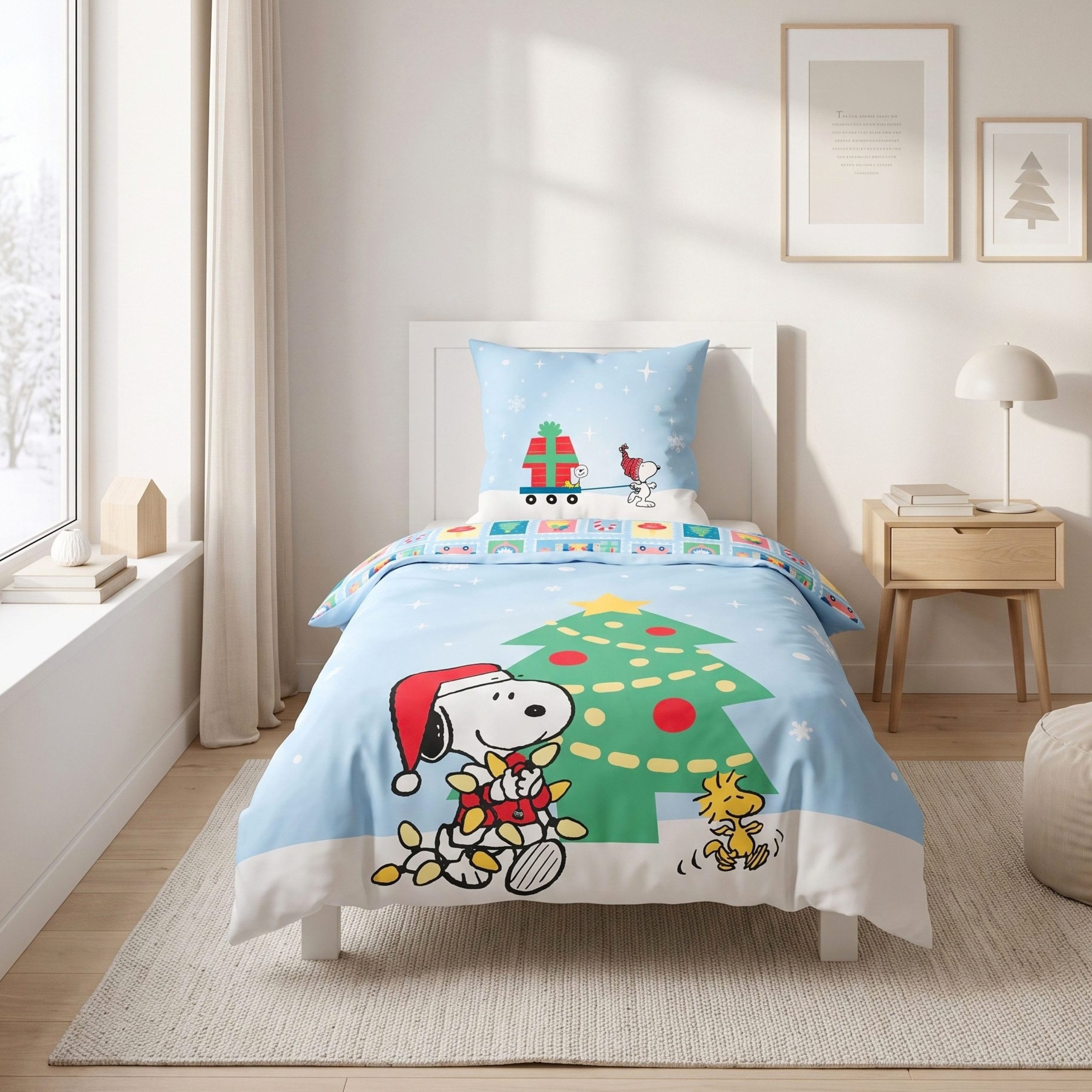 MTOnlinehandel Bettwäsche Snoopy 135x200 cm Peanuts Weihnachtmotiv, Mikrofaser, 2 teilig, Wendebettwäsche für Mädchen und Jungs mit Snoopy & Woodstock