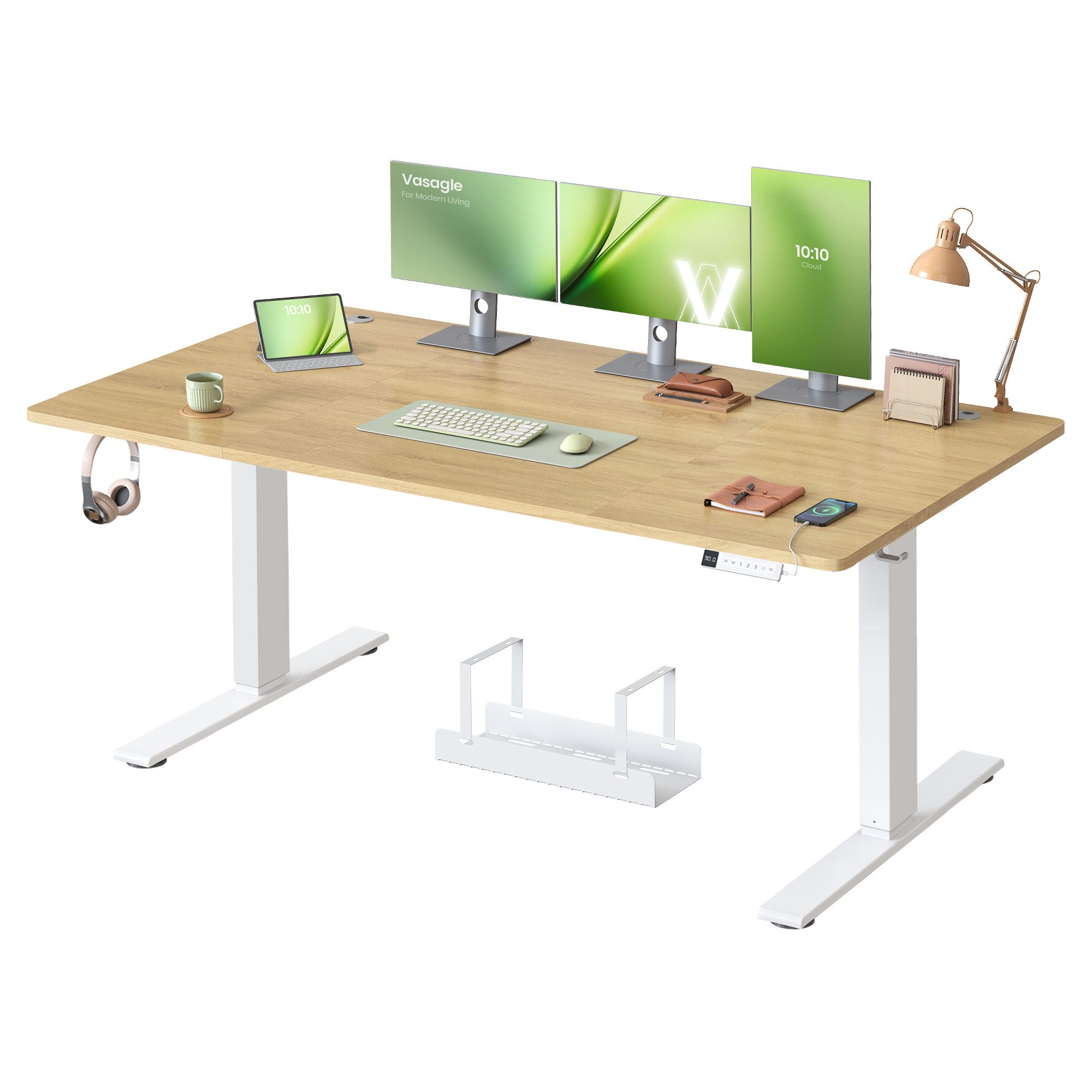 VASAGLE Schreibtisch Höhenverstellbarer, USB-C-Anschluss, Erinnerung bei langem Sitzen, Ablage für Steckdosenleiste, 3 Speichertasten, 140/160/180cm