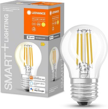 Ledvance LED-Leuchtmittel Lampe E27 warmweiß mini Tropfenform Smart Wifi Glühbirne 4W, E27, Warmweiss, Dimmbar, Energiesparend, App-Steuerung