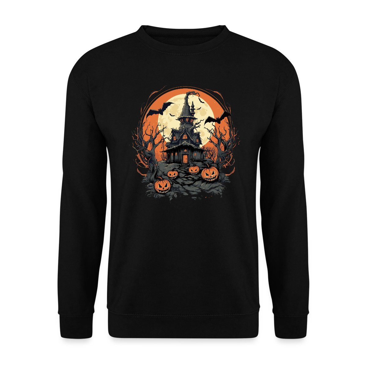 Spreadshirt Sweatshirt Halloween Spukhaus Mit Kürbissen Und Vollmond Unisex Pullover (1-tlg)