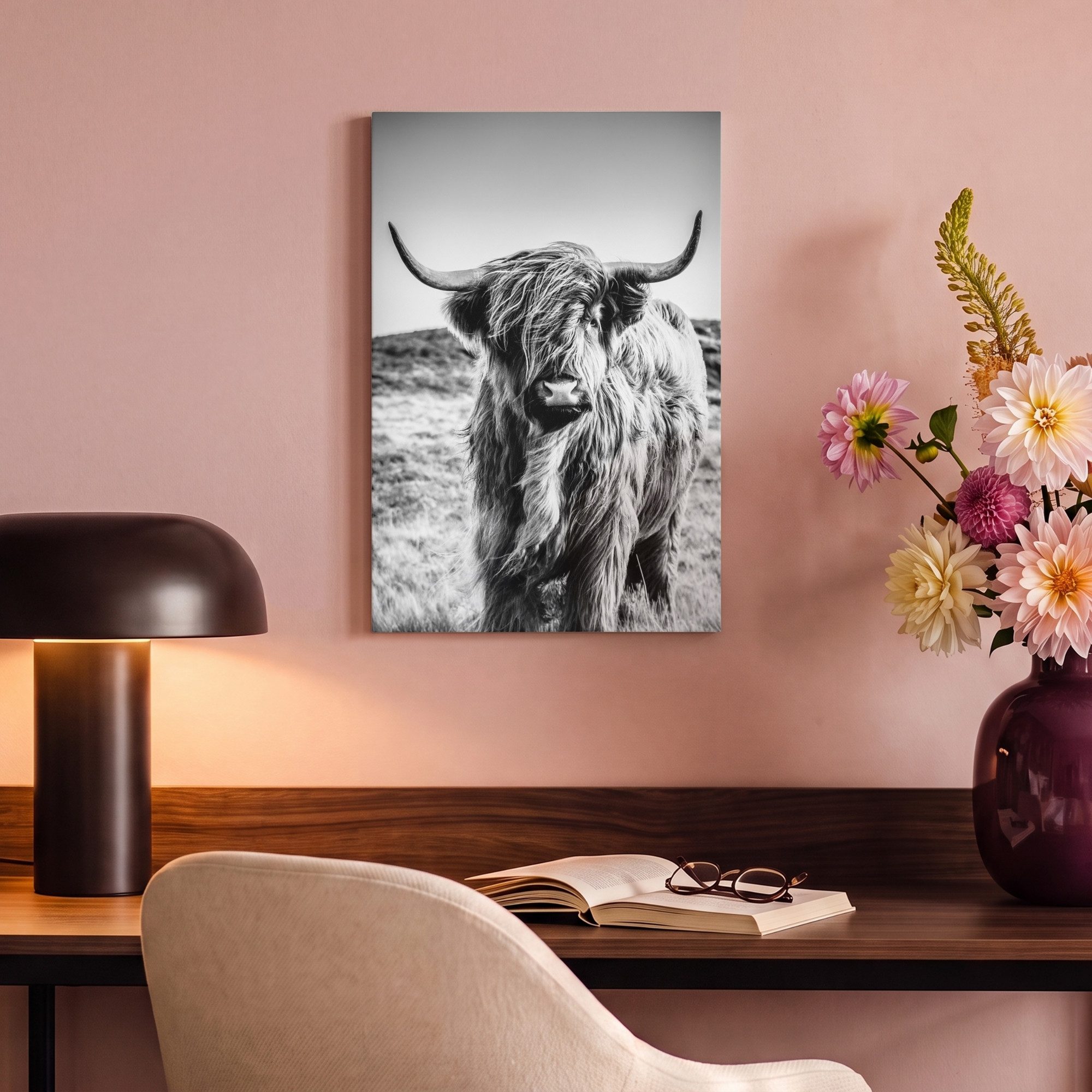 OneMillionCanvasses® Leinwandbild Schottischer Highlander - Natur - Kuh - Schwarz - Weiß, Fotodruck (1 St), Leinwand Canvas Wandbild, Wanddekoration 20x30 cm – Bild 4 von 5