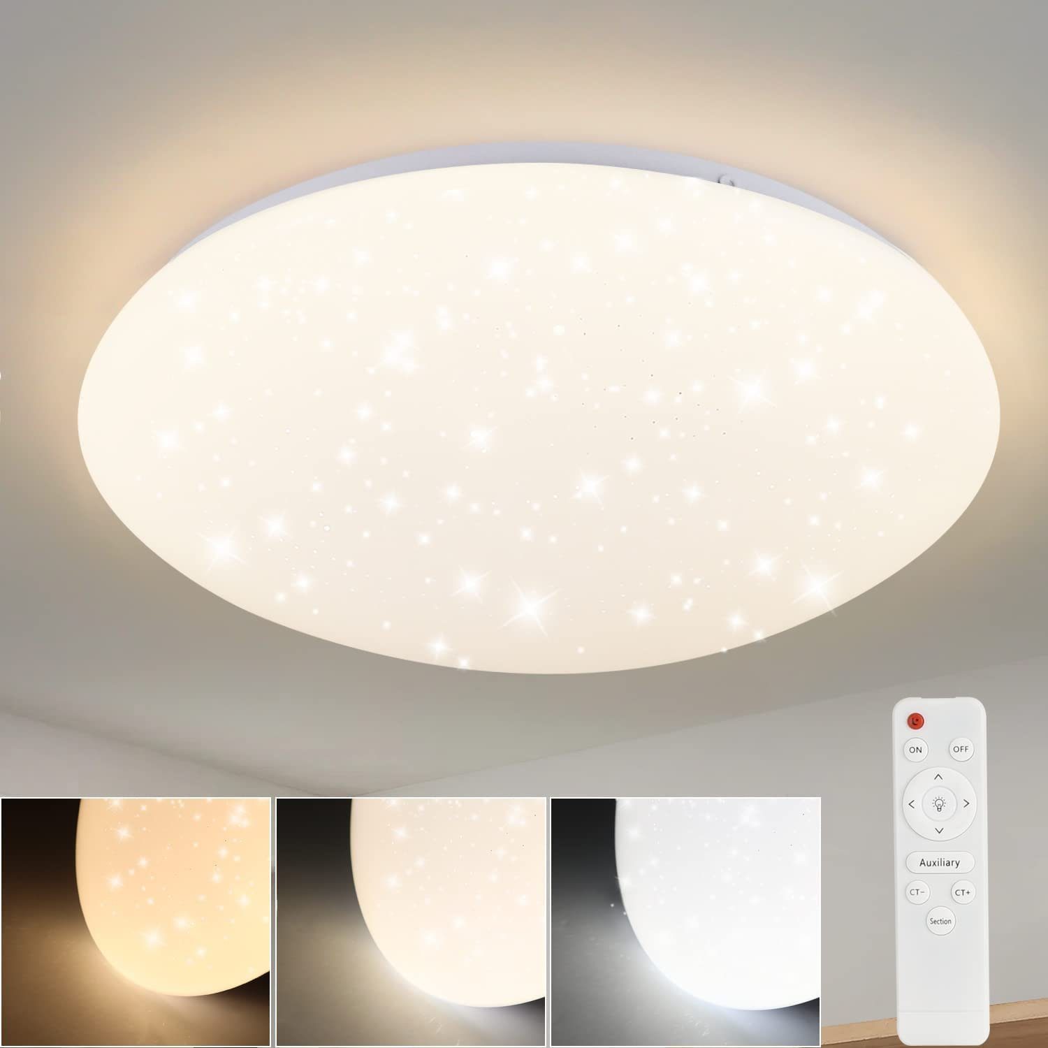 Nettlife LED Deckenleuchte Sternenhimmel Dimmbar mit Fernbedienung Deckenbeleuchtung 37W, LED fest integriert, Warmweiß, Neutralweiß, Kaltweiß, für Schlafzimmer Flur Kinderzimmer Küche Flur Wohnzimmer | Deckenlampen