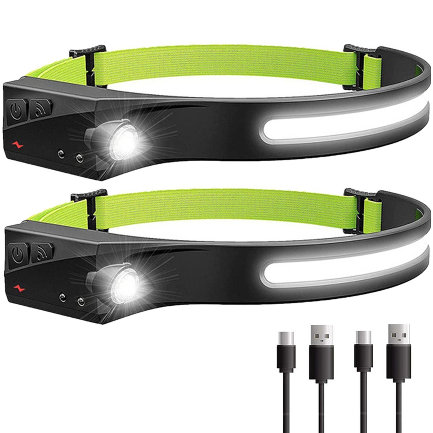 Wasserdicht Olotos IPX4 Licht USB 5 Kopflampe Stirnlampe mit Sensor 1200mAh Modi COB LED XPE (2 Weitwinkel Set), Grün Scheinwerfer 230°Ultra Stück Wiederaufladbar