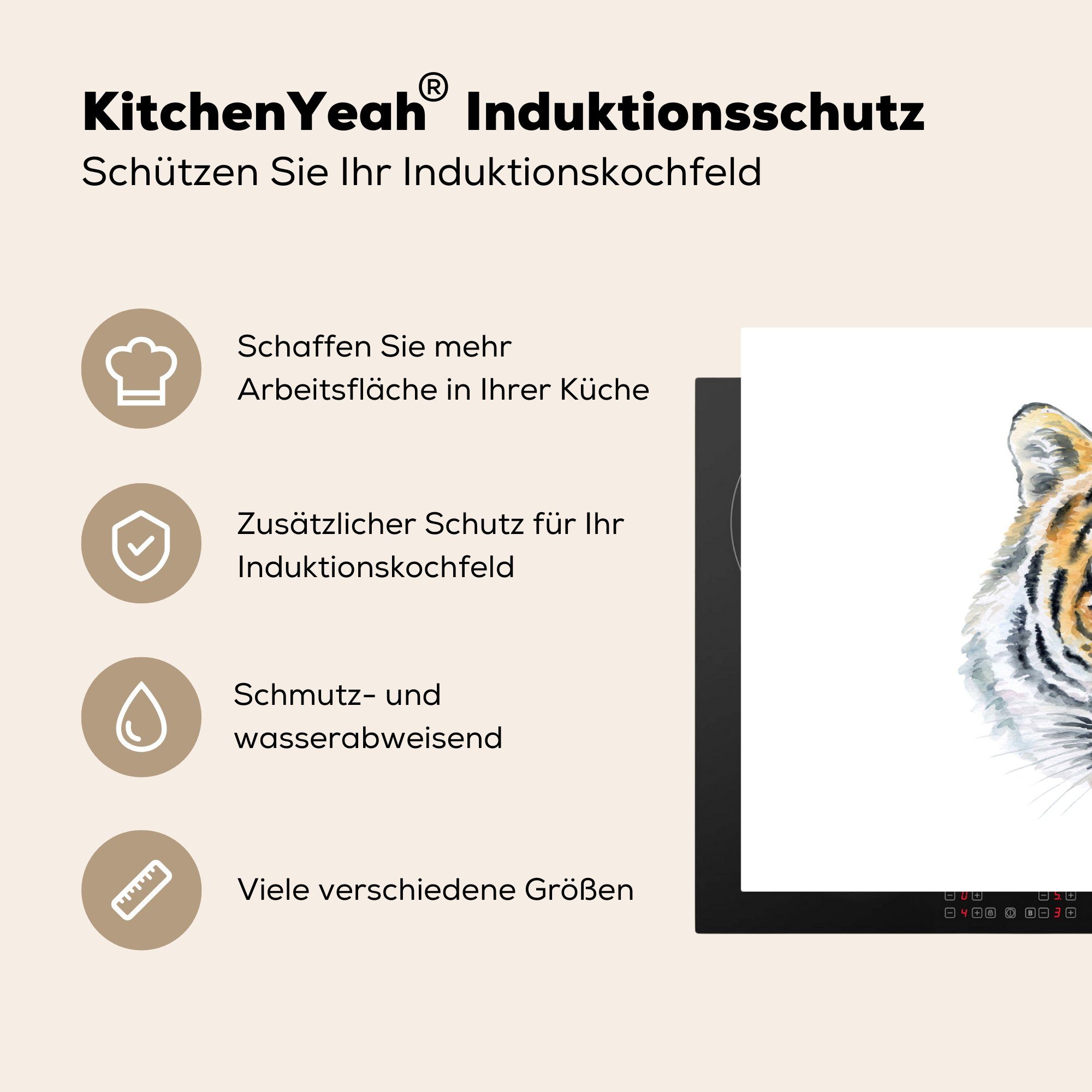 MuchoWow Herdblende-/Abdeckplatte Ceranfeldabdeckung Tiger - (1 für Vinyl, Kopf Gelb, cm, Induktionskochfeld Schutz tlg), - 81x52 küche, die