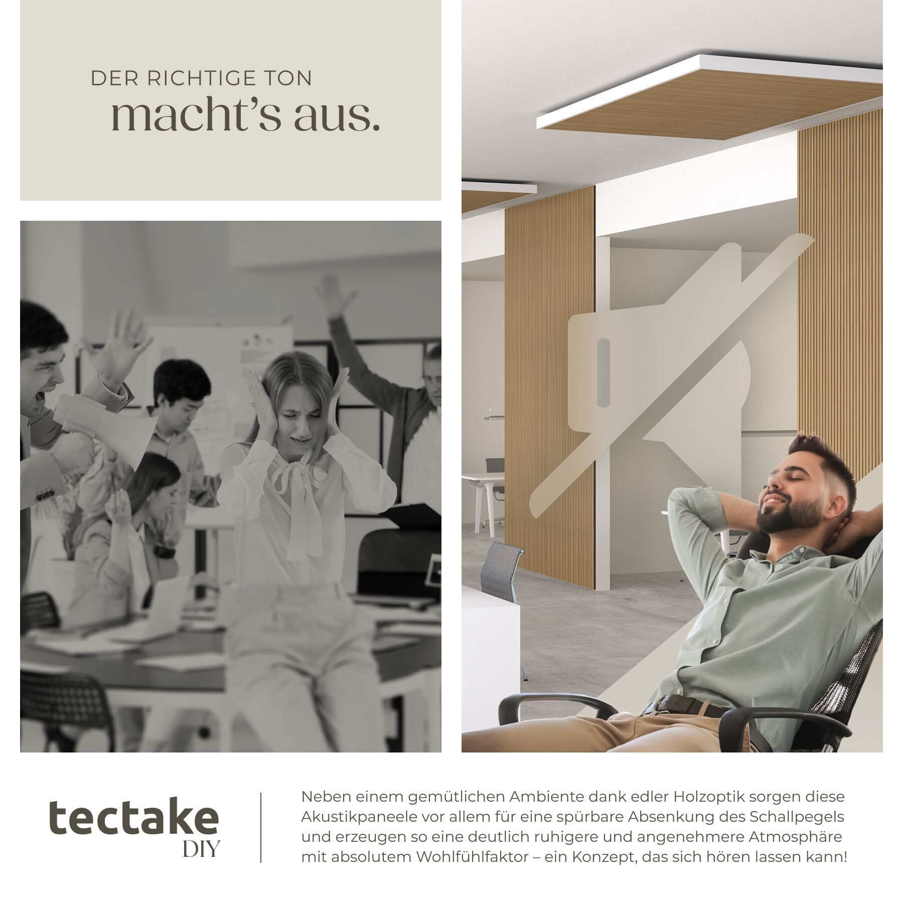 tectake Wandpaneel Akustikelement aus MDF mit Holzlamellen, BxL: 60x120 cm, 0.72 qm, (Akustikpaneele Sonic Wall, 4-tlg., in Eiche) schallabsorbierender Filz, ei – Bild 5 von 5