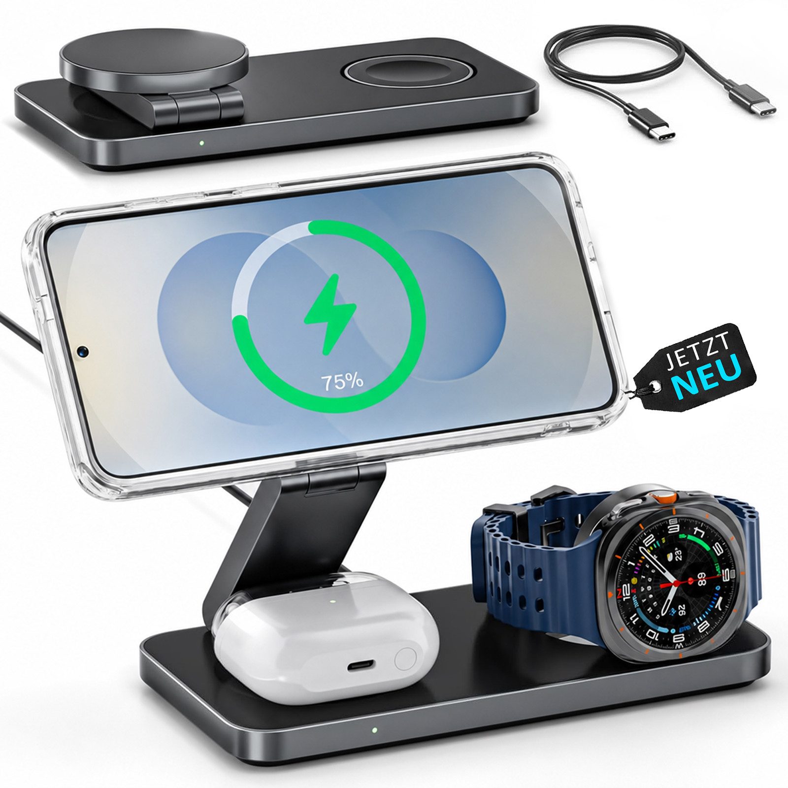 GreenHec 3in1 Ladestation für Samsung S26 S25 S24 S23, Magnetisch, Induktiv Wireless Charger (Spar-Set, Wireless Charging Pad, Watch Charger, MagSafe kompatibel, Induktions-Ladegerät, Ultra, 15w)