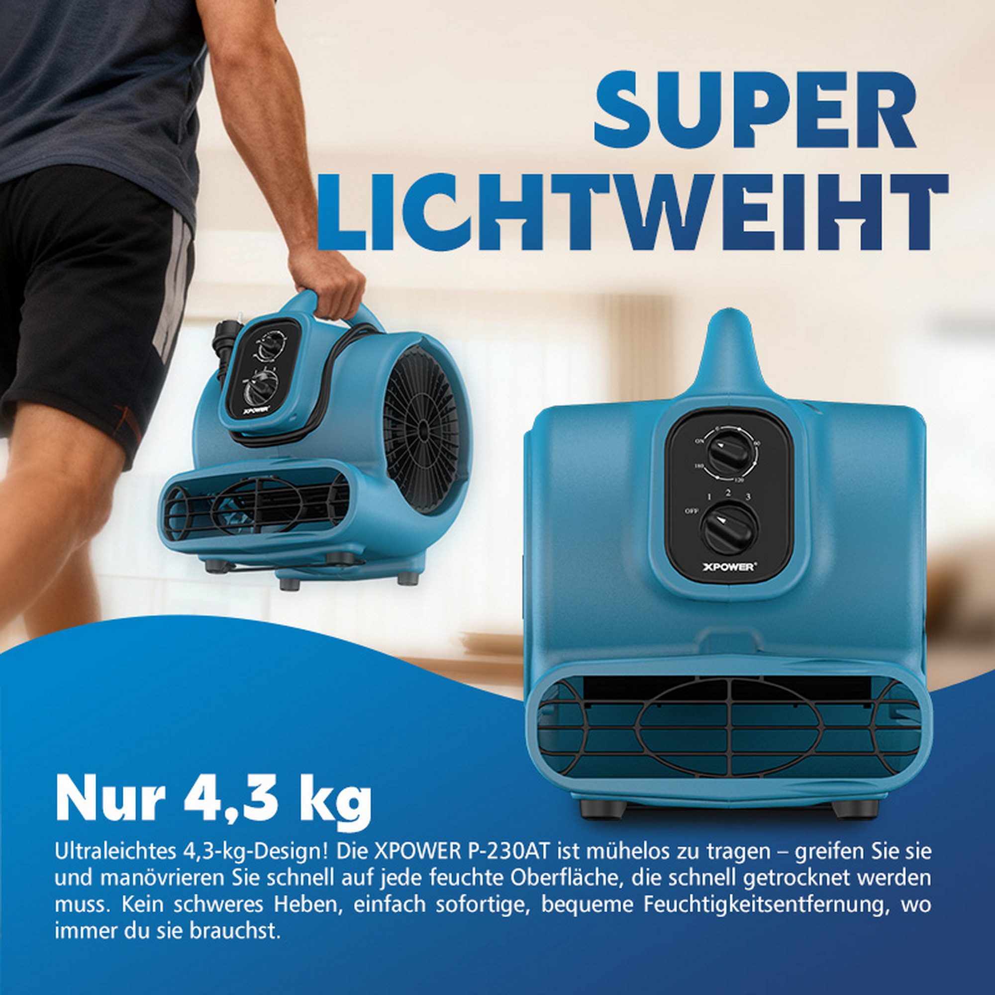 XPOWER Standventilator Bodenlüfter Turbolüfter Ventilator Trockner Bodenventilator Fußbläser, P-230AT, 27.1x31.5x33.8cm, TRAGBAR, SCHNELLER PUMP, Einfache Bedienung
