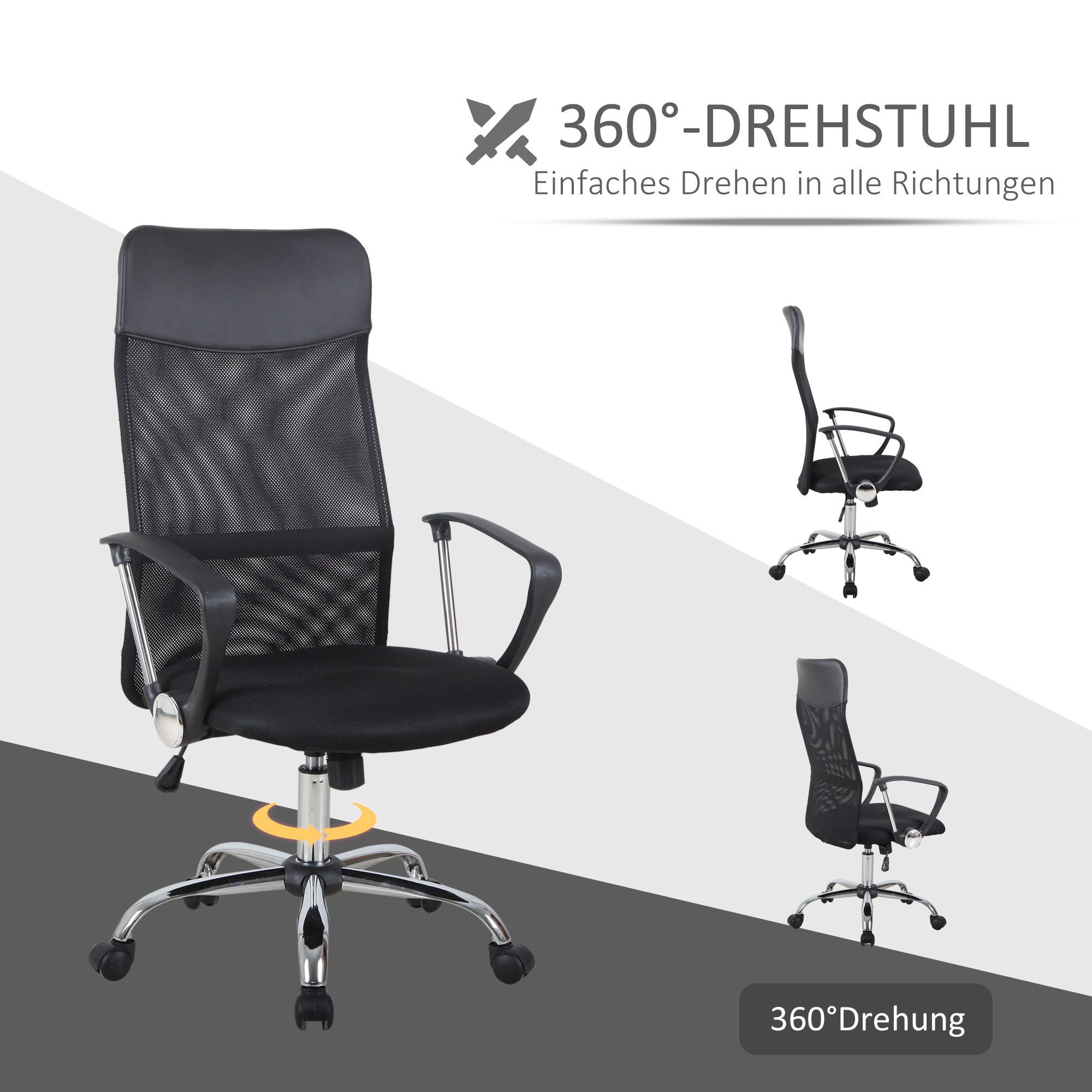 HOMCOM Bürostuhl Drehstuhl Computerstuhl mit Wippfunktion, Netzbespannung (Schreibtischstuhl, 1 St), Schwarz, 63 x 65 x 109-119 cm – Bild 5 von 5