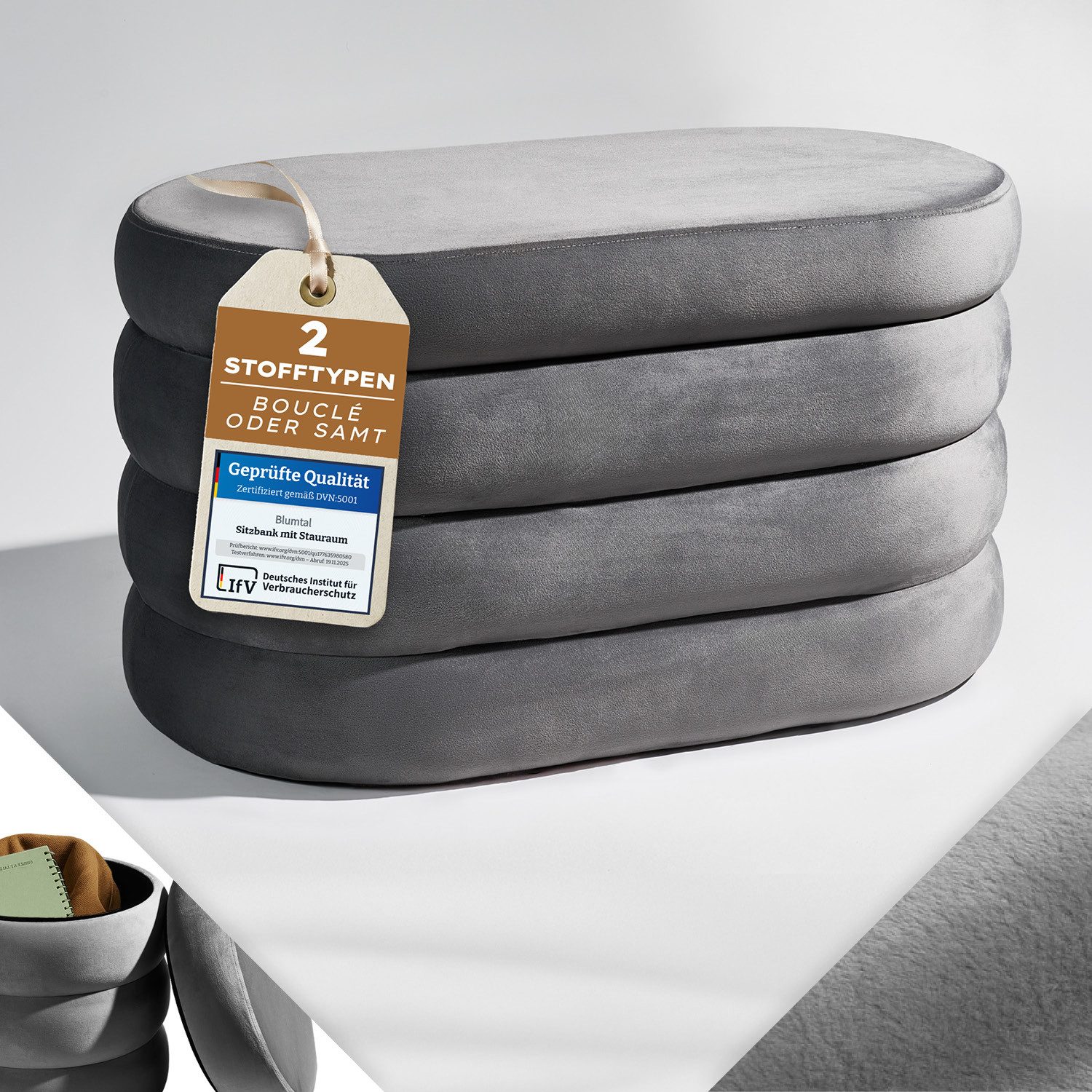 Blumtal Sitzhocker Hocker mit Stauraum mit Bouclé oder Velvet-Bezug, robuste Sitztruhe mit Stauraum und extrem Dickes MDF